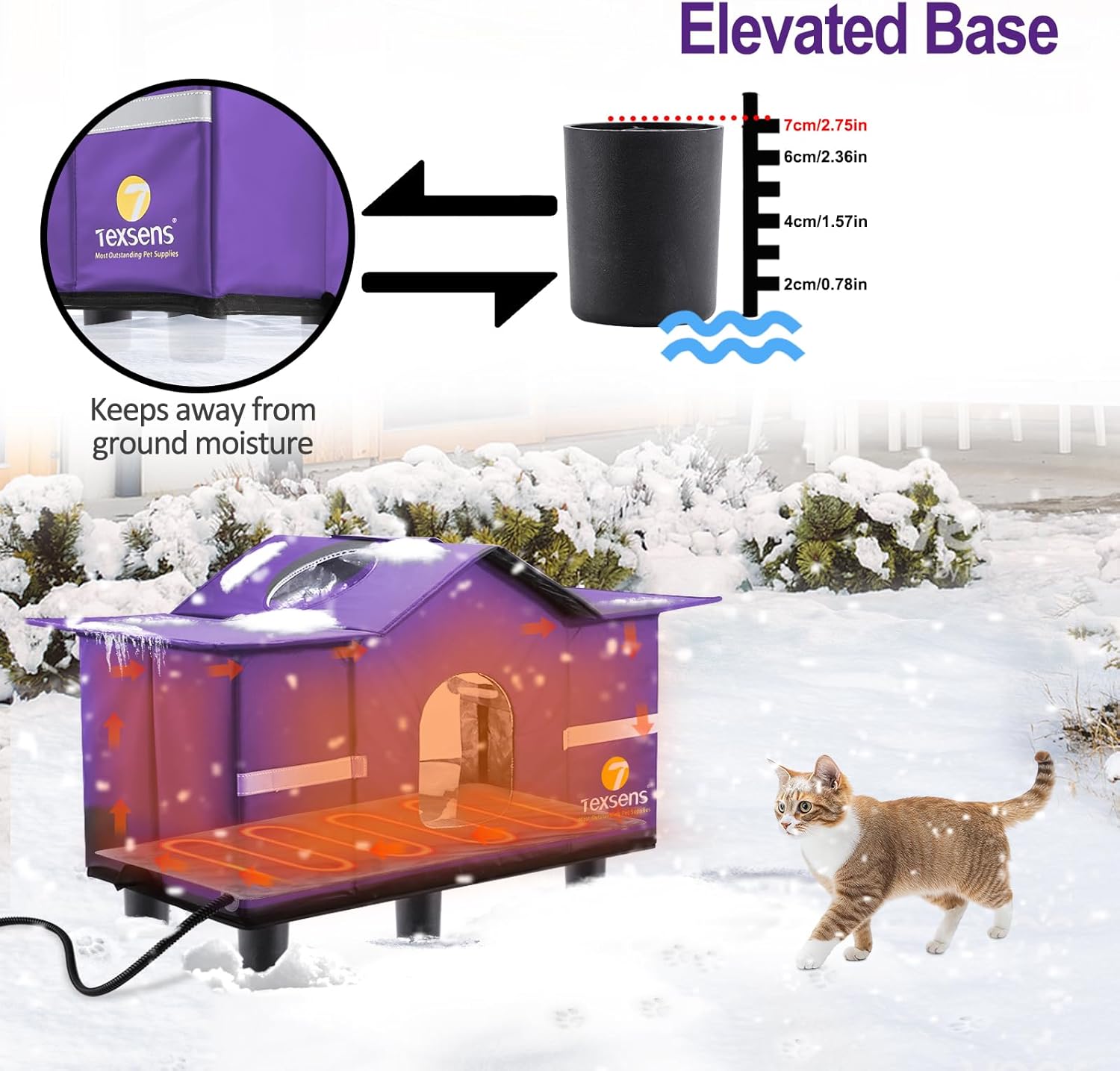 Texsens Heated Cat House for Outside Winter - Weatherproof Large Outdoor Cat Shelter with Roof Window- Insulated Elevated House for Stray/Barn Cats - Ideal Waterproof Feral Cat House (Heated-Purple)