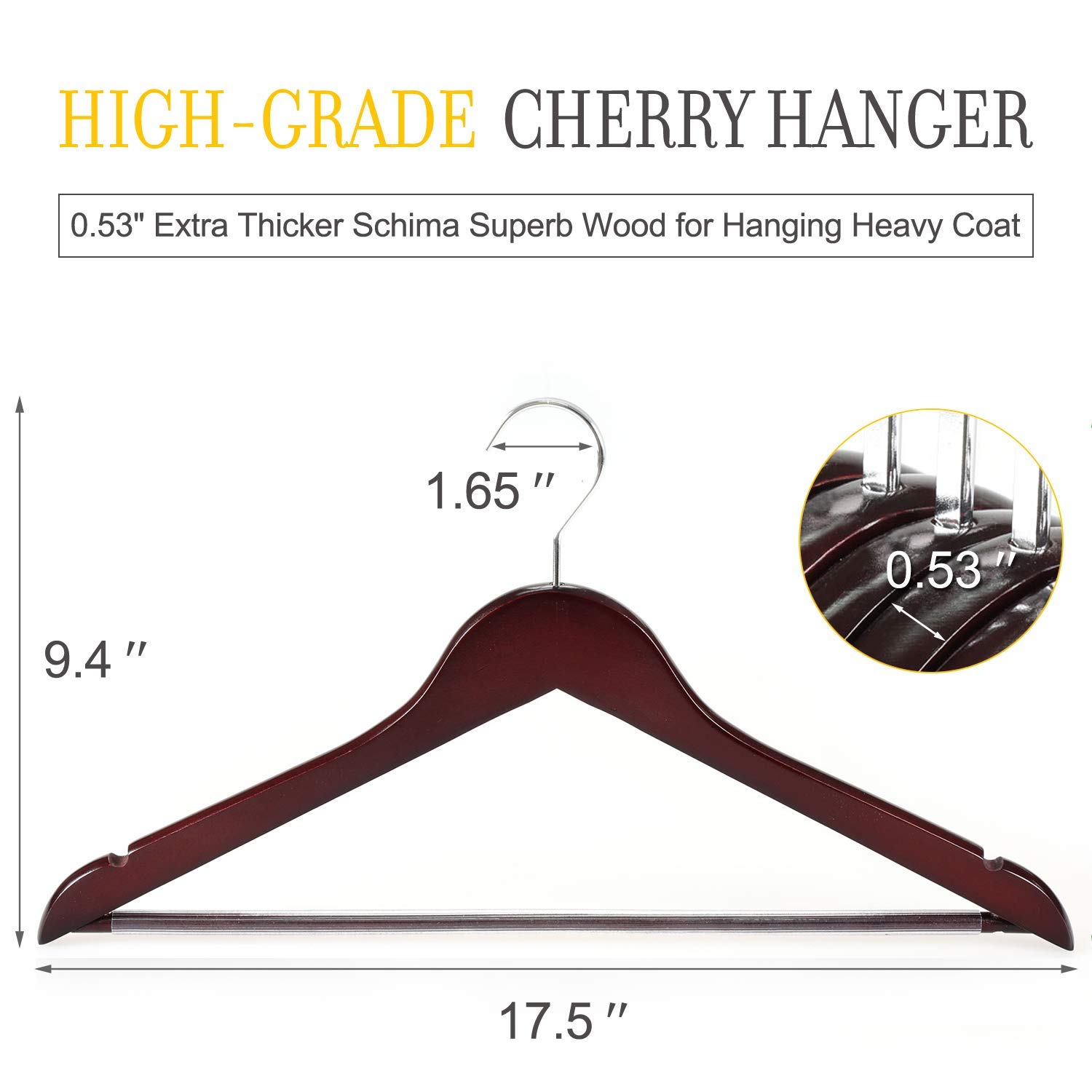 TOPIA HANGER Wooden Hangers, Luxury Suit Hangers for Closet, Cherry Wood Hangers with Extra Thick Hook and Non Slip Pants Bar, Heavy Duty Coat Hangers with Notches for Shirts 16 Pack -CT01M