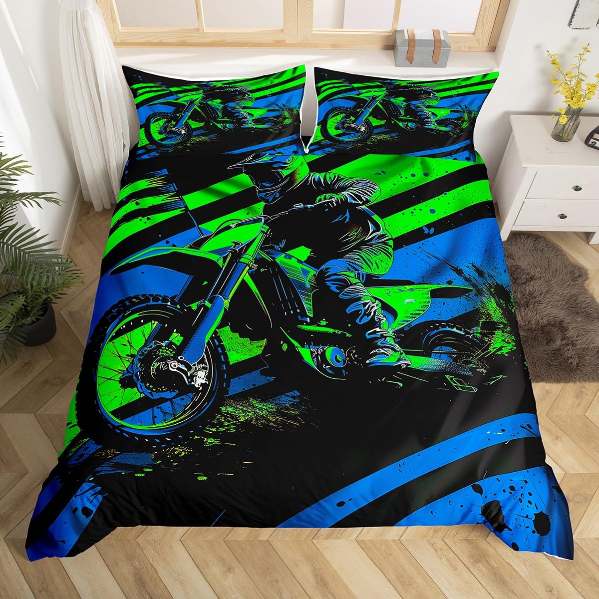 richhome Kids Dirt Bike Bedding Set Junior/Cot Bed, Extreme Sports Duvet Cover Boys Girls Racing Motocross Comforter Cover Motorcycle Teens Bedspread Cover Bed Set With 1 Pillow Case