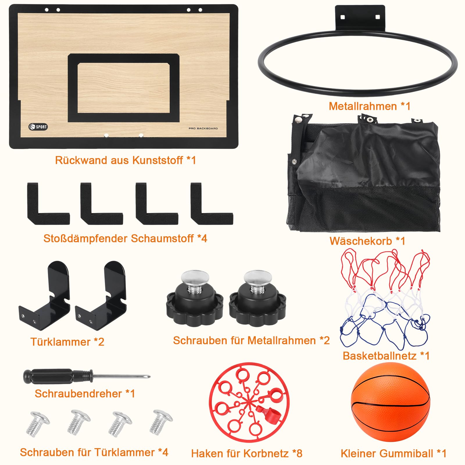 Wäschekorb mit Basketballkorb für die Tür, 2-in-1 Hängender Wäschekorb aus Holz mit Korb, Ball, abnehmbarem Beutel und Reißverschluss unten für Kinderzimmer, Studentenwohnheim (Holz)