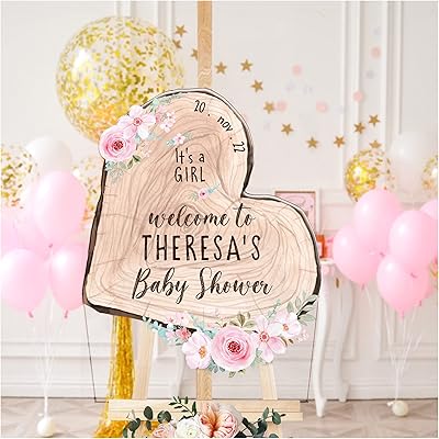 Personalized Itâ€™s A Girl Baby Shower Welcome Sign - Customized Heart Theme Baby Shower Party Sign - Custom Heart Shape Bark Tree Baby Party Signs (Paper)