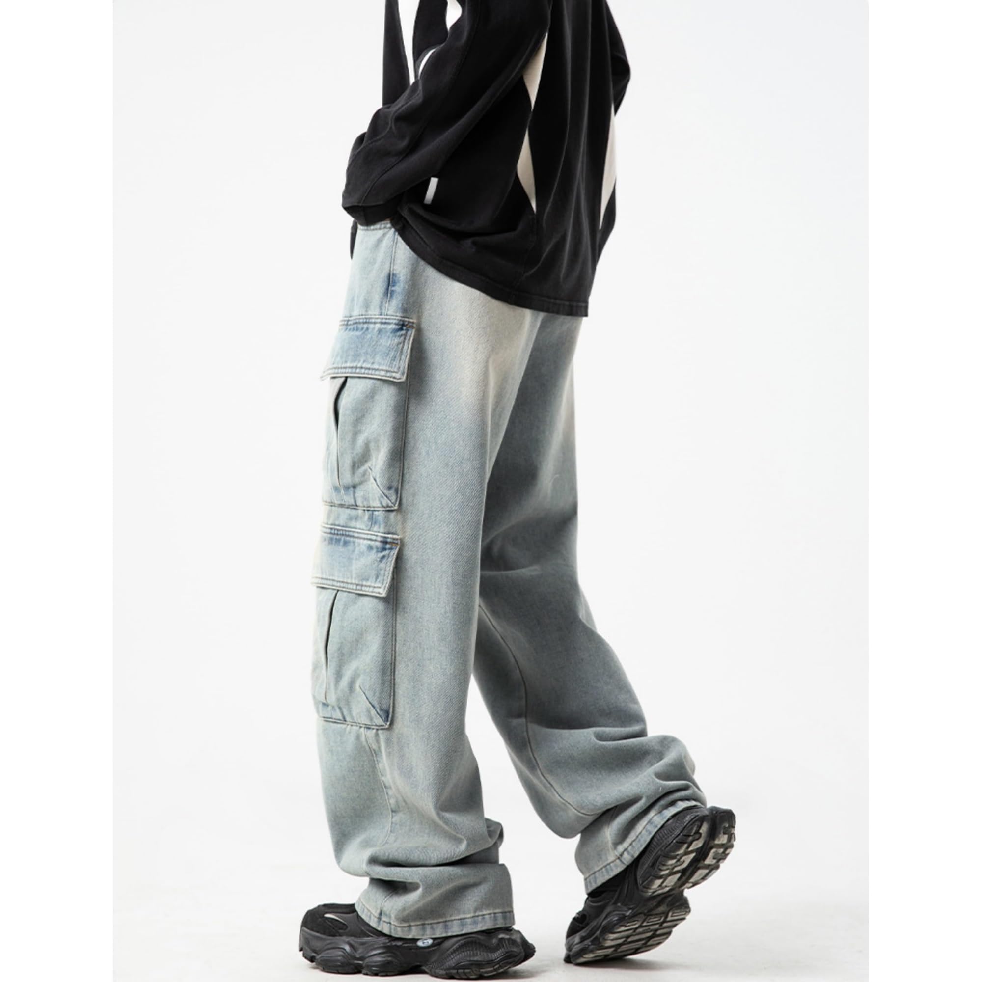 Męskie Baggy Cargo Jeansy Hip Hop Proste Nogawki Sprane Jeansy Casual Denim Spodnie Vintage Hip Hop Jeansy Młodzieżowe Spodnie Skateboardowe Streetwear