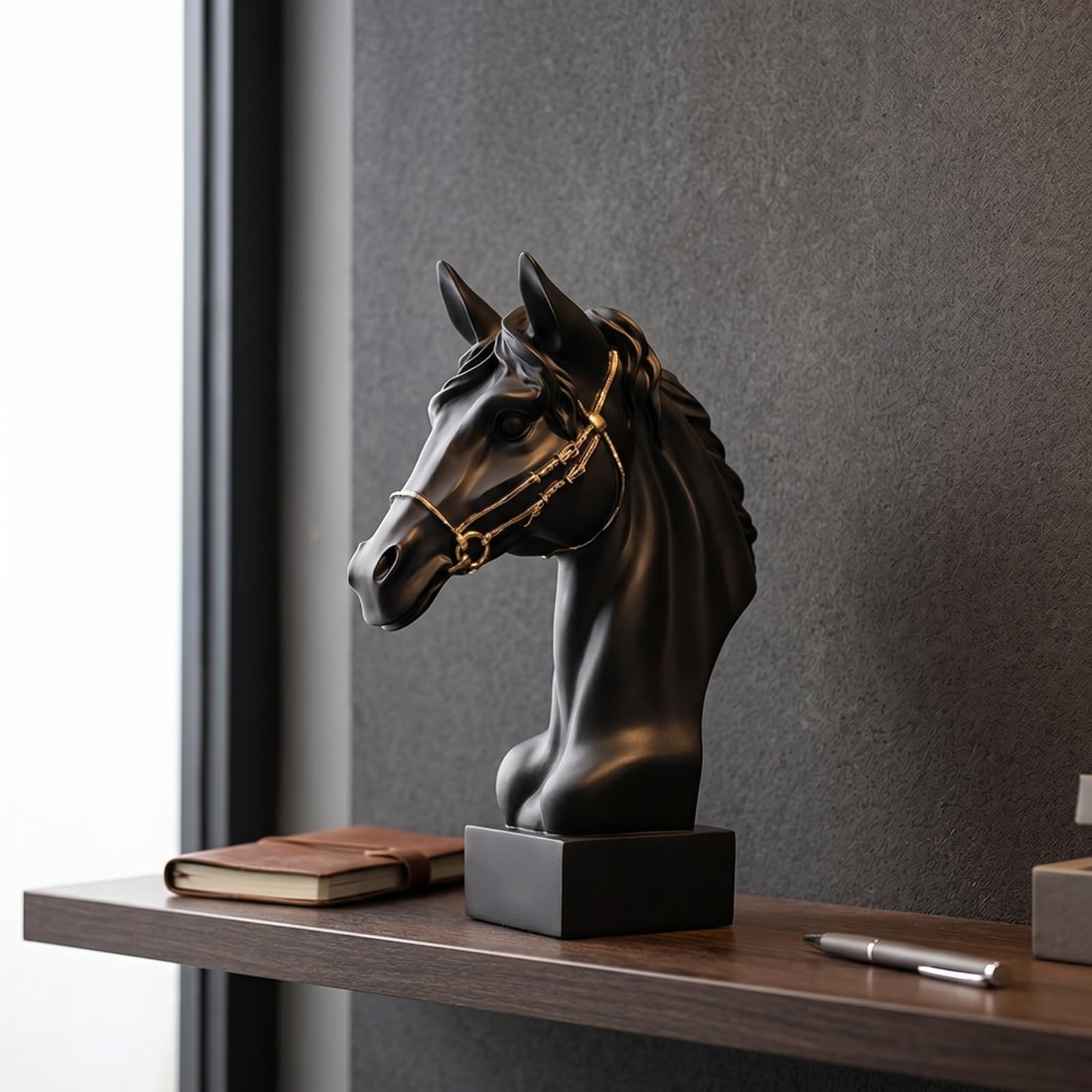 Escultura Cabeza Caballo Estilizado Estatua Caballo con Brida Dorada Compacto coración para Recibidor, Negro, Estilo Europeo
