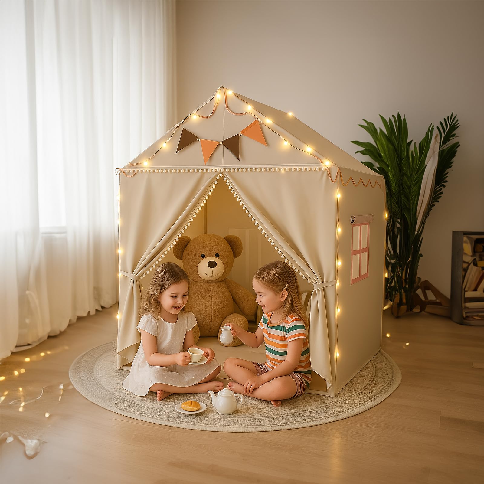 2-in-1 Large Kids Play Tent, Children's Indoor Playhouse with Padded Mat & Fairy Lights, Toddler Beige Play Tent with Bunting Banner for Boys Girls Home Outdoor, 132 x 100 x 135 cm