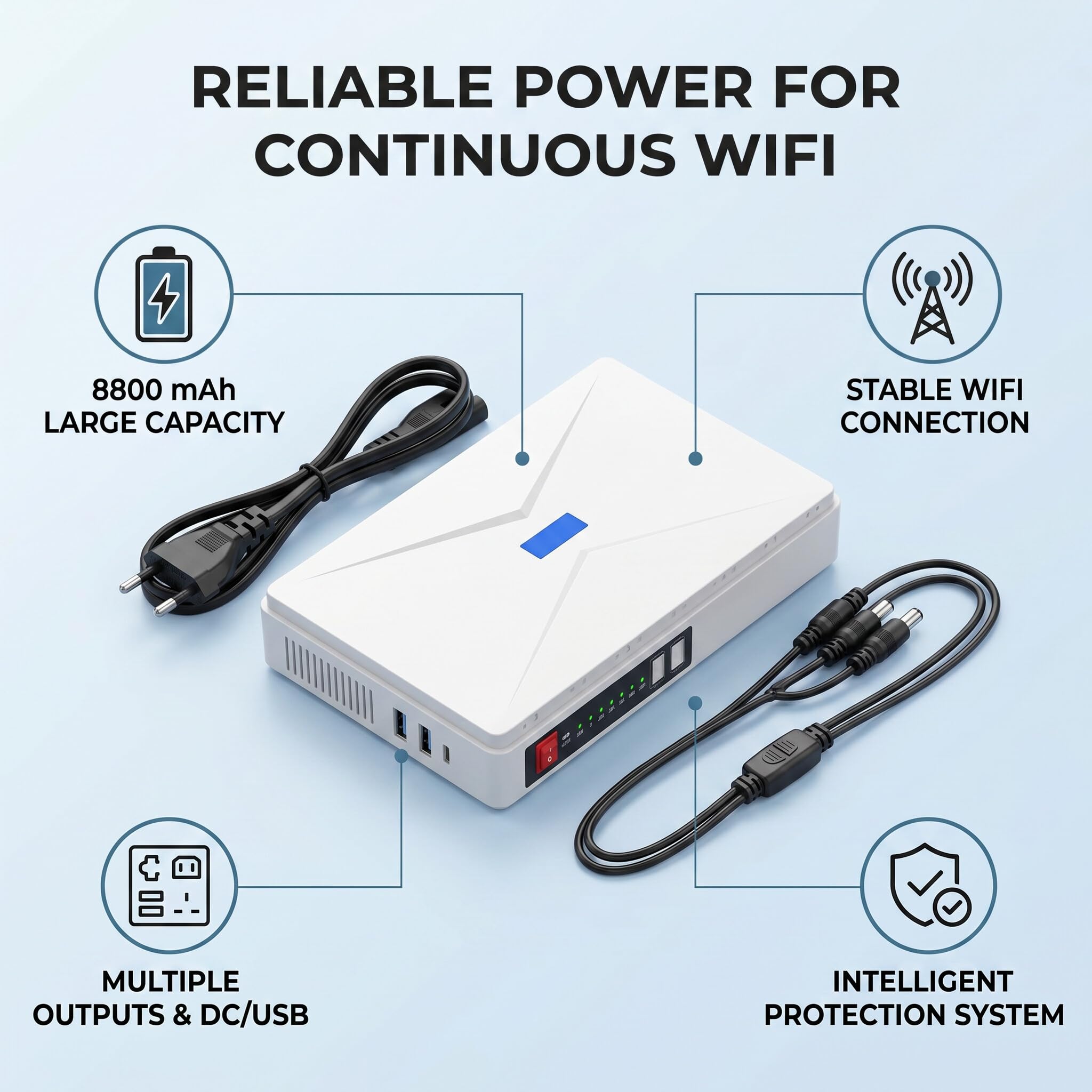 FTVOGUE Mini UPS, Fuente de Alimentación de Respaldo de 8800 MAh con Salida de 18 W para Router, Módem, Cámara de Seguridad, Puertos de 5 V, 9 V y 12 CC y USB PoE, Protección co (Enchufe de la UE)
