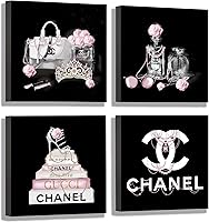 Meetdeceny Black & White Handbag Perfume Canvas Wall Art Set - 4x 10x10" Pink Book Decor for Teen Girls Bedroom & Living Room