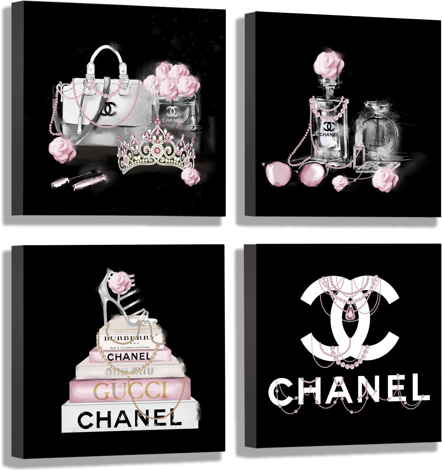 Black And White Wall Art/Pink Book Pictures Room Decor for Teen Girls/Women Handbag Perfume Wall Decor for Living Room/Fashion Canvas Artwork Size 10"x 10"x 4 Pieces