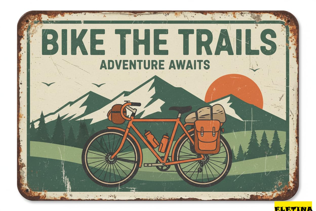 Vintage Metal Tin Sign Bike The Trails Adventure Awaits Wall Decoration 12x8 Inches House Room Cafe Bars Restaurants Pubs Decorative Private Property