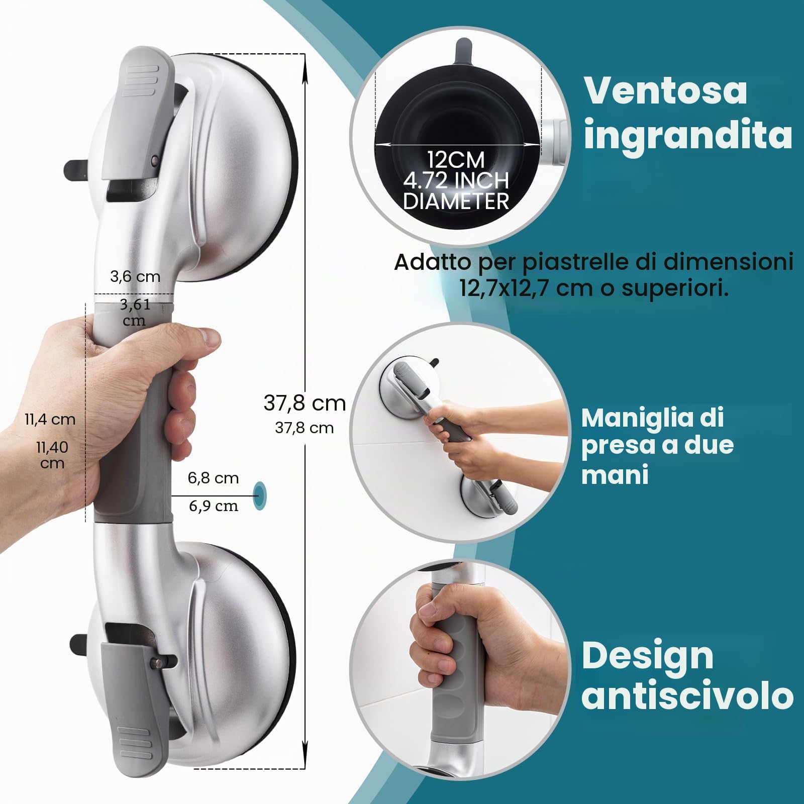 TAILI Maniglie a Ventosa per Bagno, MAX 150 KG, Doccia Maniglia Dotato di Ventose in Gomma Aggiornate, Maniglioni per Piastrelle Strutturate, Maniglie per Anziani, senza Foratura - Argento