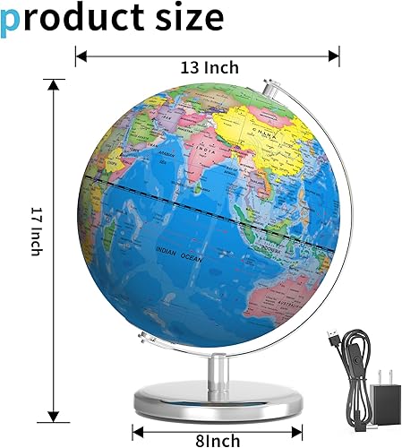 Miniatura 2 de Orionstar Globo mundial grande de 13 pulgadas con soporte, globo educativo para el aprendizaje de los niños, detalles coloridos del mapa del mundo