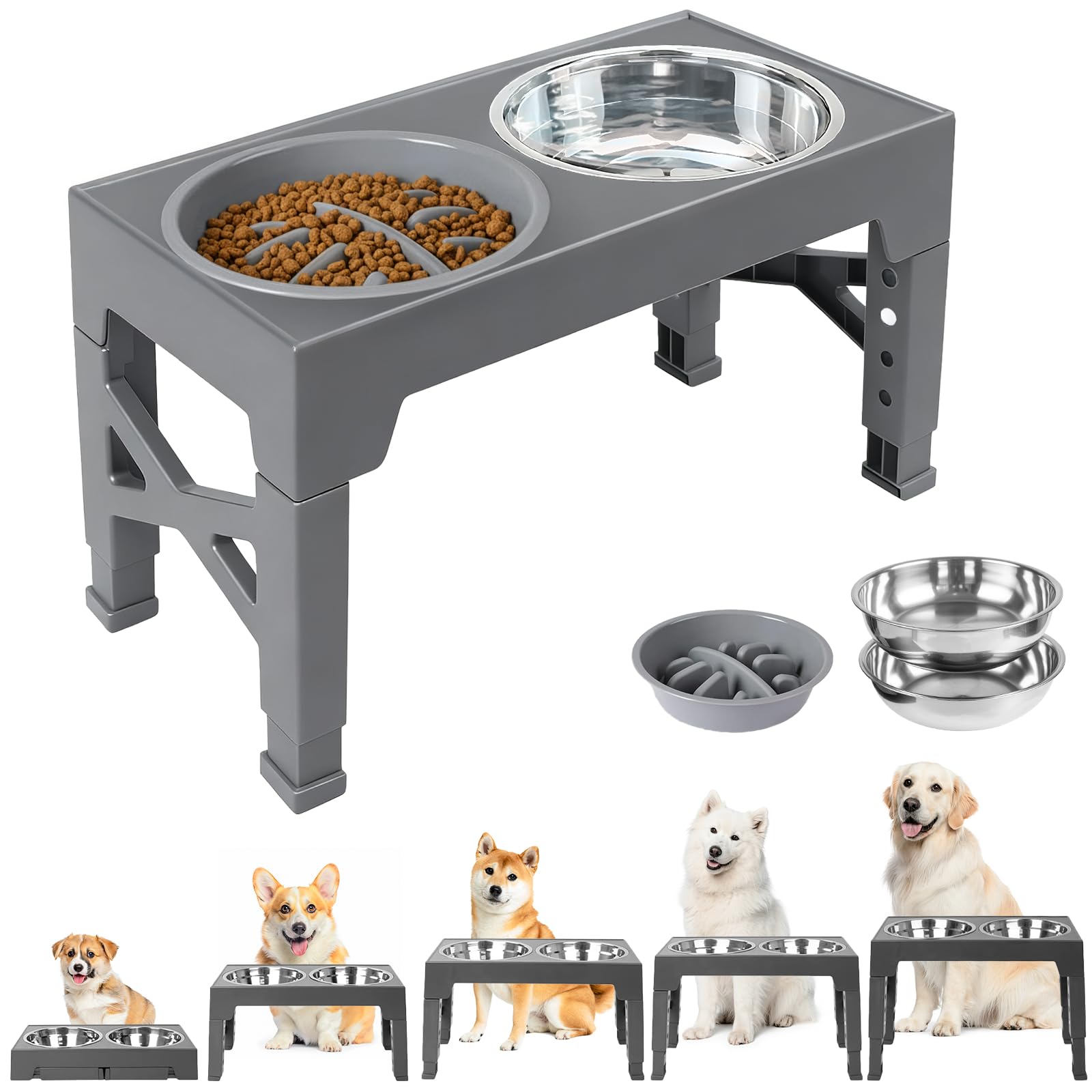 Gamelles surélevées pour Chiens, avec gamelle à Alimentation Lente réglable sur 5 hauteurs (8 cm, 22 cm, 25 cm, 28 cm, 31 cm) pour Chiens de Petite, Moyenne et Grande Taille