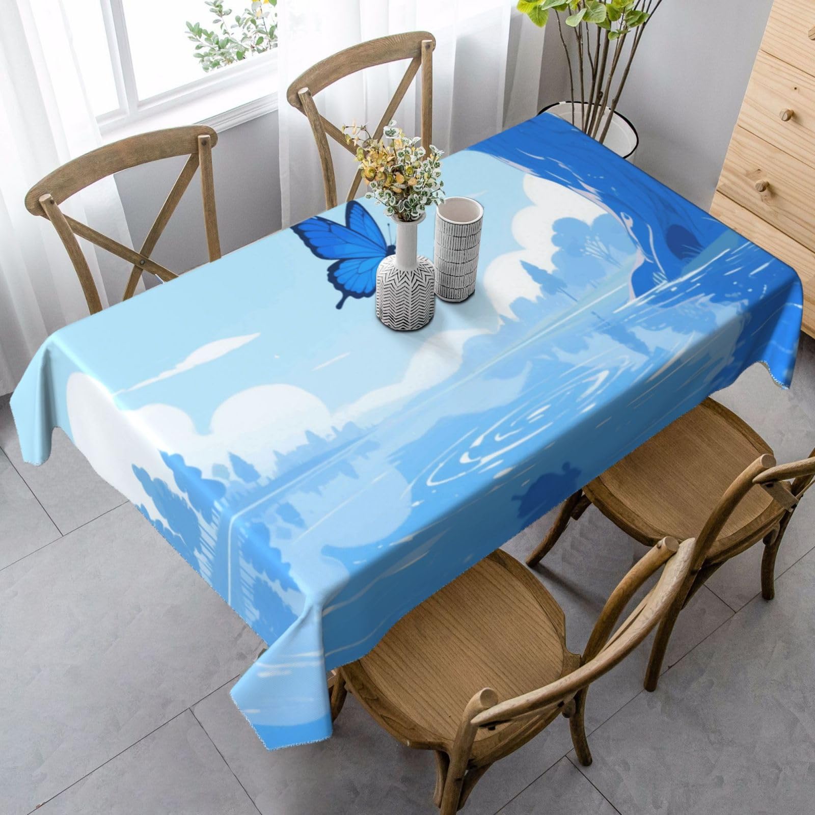 Blue Butterfly Rectangle Tablecloth 35x55 Inch, Washable Reusable Farmhouse Table Cloths Wrinkle Free And Spillproof Kitchen Dinning Table Cover For Party Wedding Picnic Home Decor Tablecloths