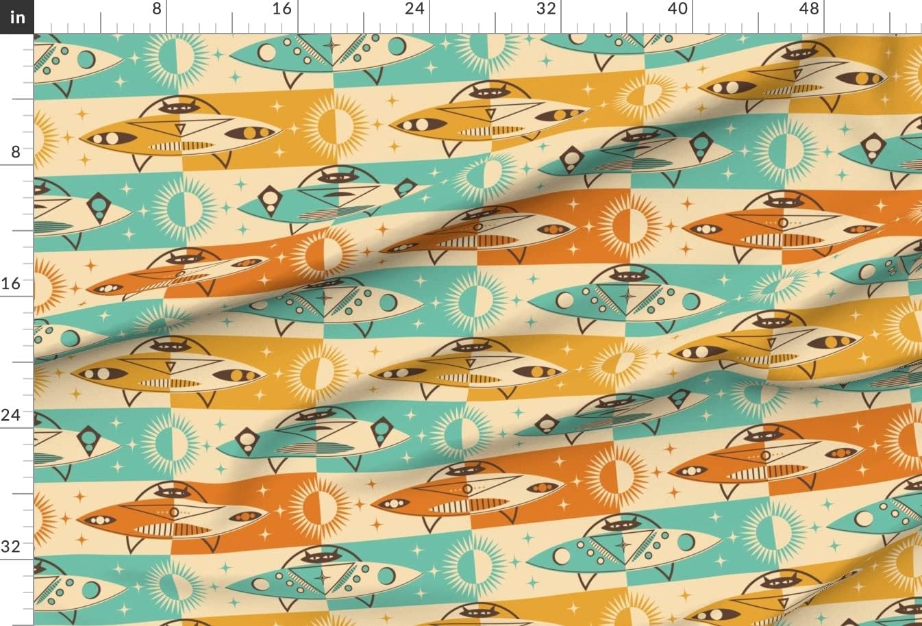 Spoonflower Fabric - Retro Spaceship UFO Cat Black Space Sun MCM Mid Century Exploration Printed on Minky Fabric by The Yard - Sewing Baby Blankets Quilt Backing Plush