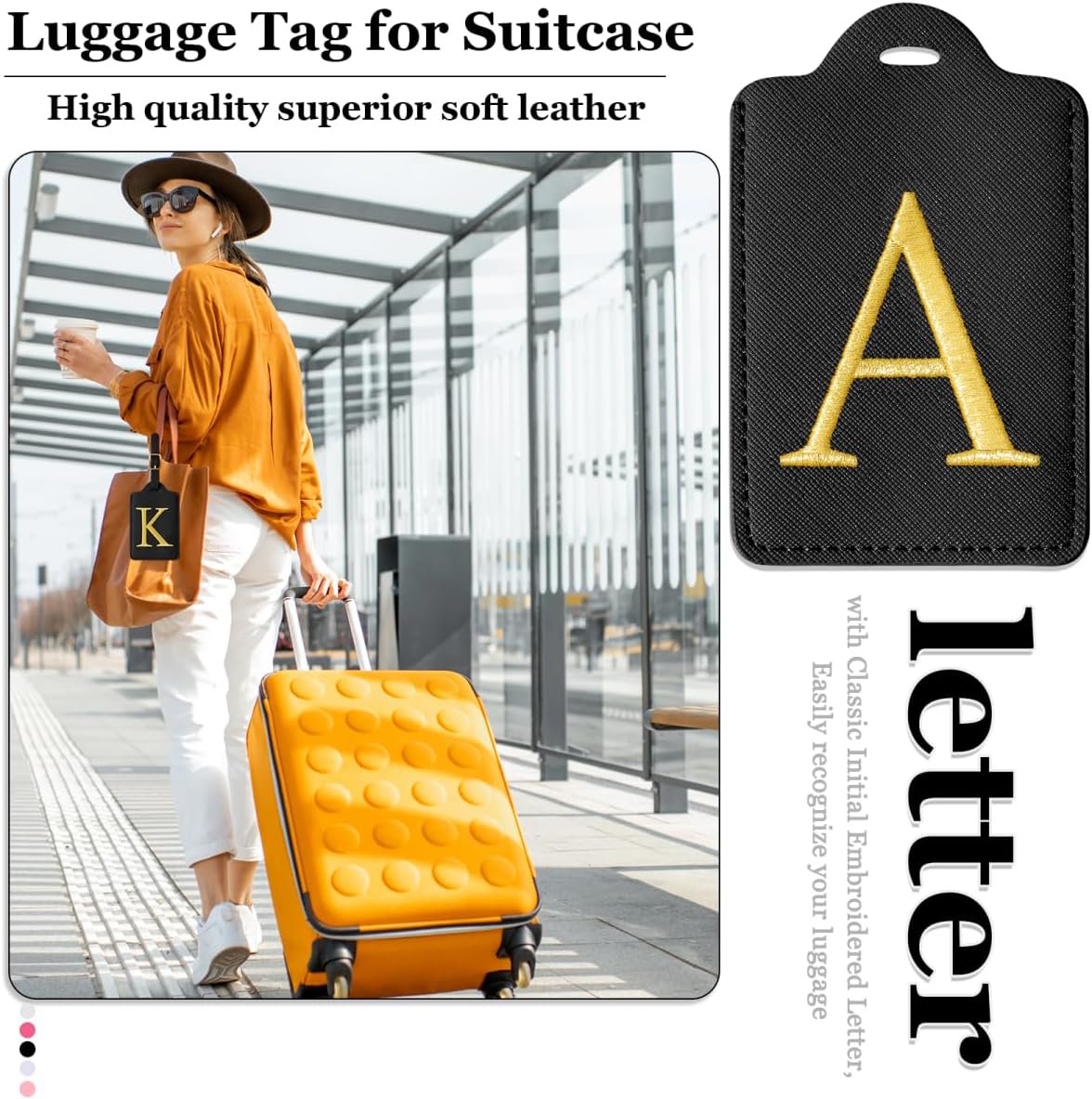 Personalized Initial Luggage Tags for Suitcases,Leather Letter Cute Luggage Tags with Privacy Name Card,Embroidered Monogrammed Travel Bag Backpack Tags Gifts for Women Kids Girls Teens(Black-A) letter-A Black image 7 of 7 B0DFM7NJVR