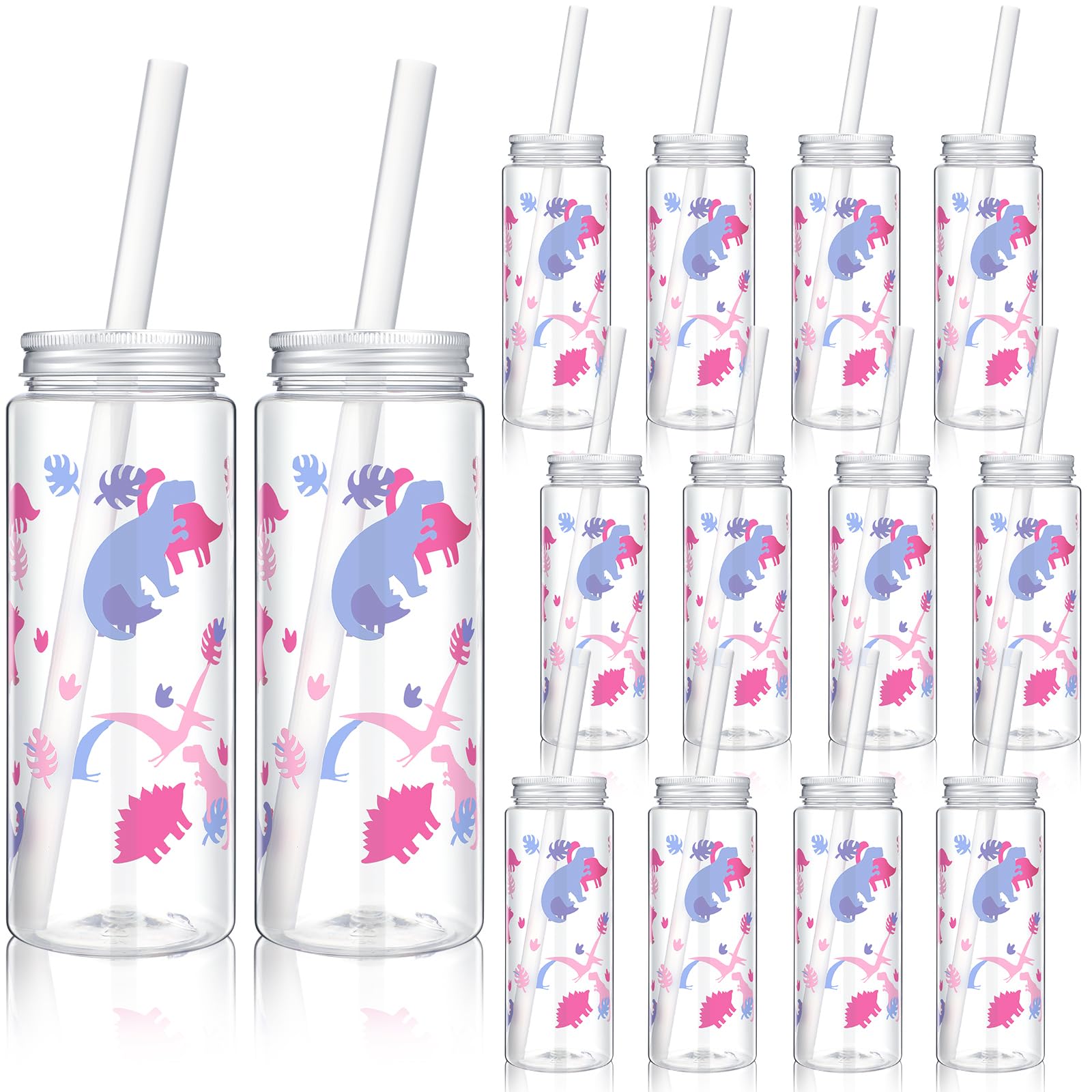 Skylety 12 Set 14 oz Dinosaur Themed Plastic Cup with Straw and Lid Cute Disposable Cups Bulk Dino Party Favors Drinking Mason Jars Tumbler for Birthday Supplies Juice Beverage Smoothie (Pink Purple)