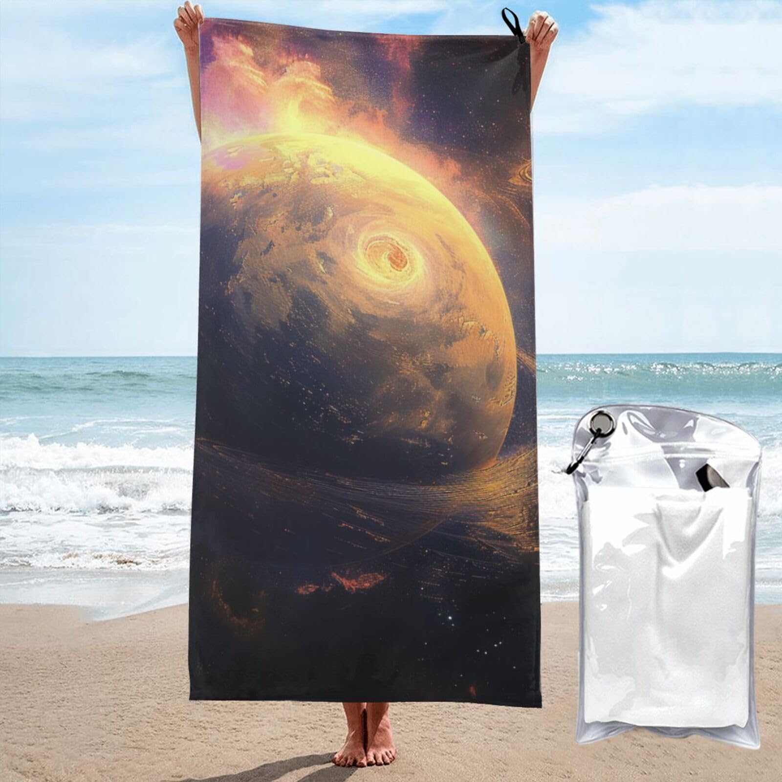 kkvhhyuo Microfiber Beach Towel, Planet Printed Lightweight Quick Dry Travel Bath Sheet with Compact Carry Bag for Swimming Yoga Camping Gym,31.5"x63"
