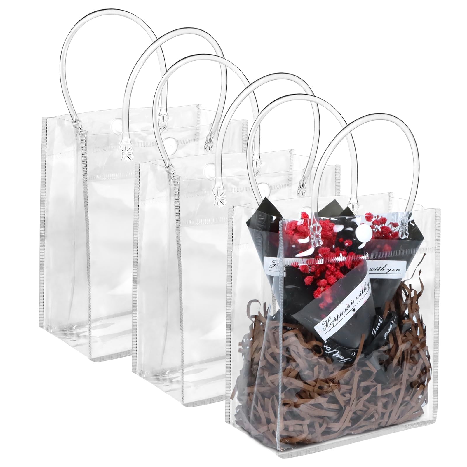 BadenBach 12 Pack Clear Gift Bags with Handles, 7.9 x 7.9 x 3.2 Inch Transparent Plastic Party Favor Bags Bulk, Small PVC Tote Goodie Bag for Birthday