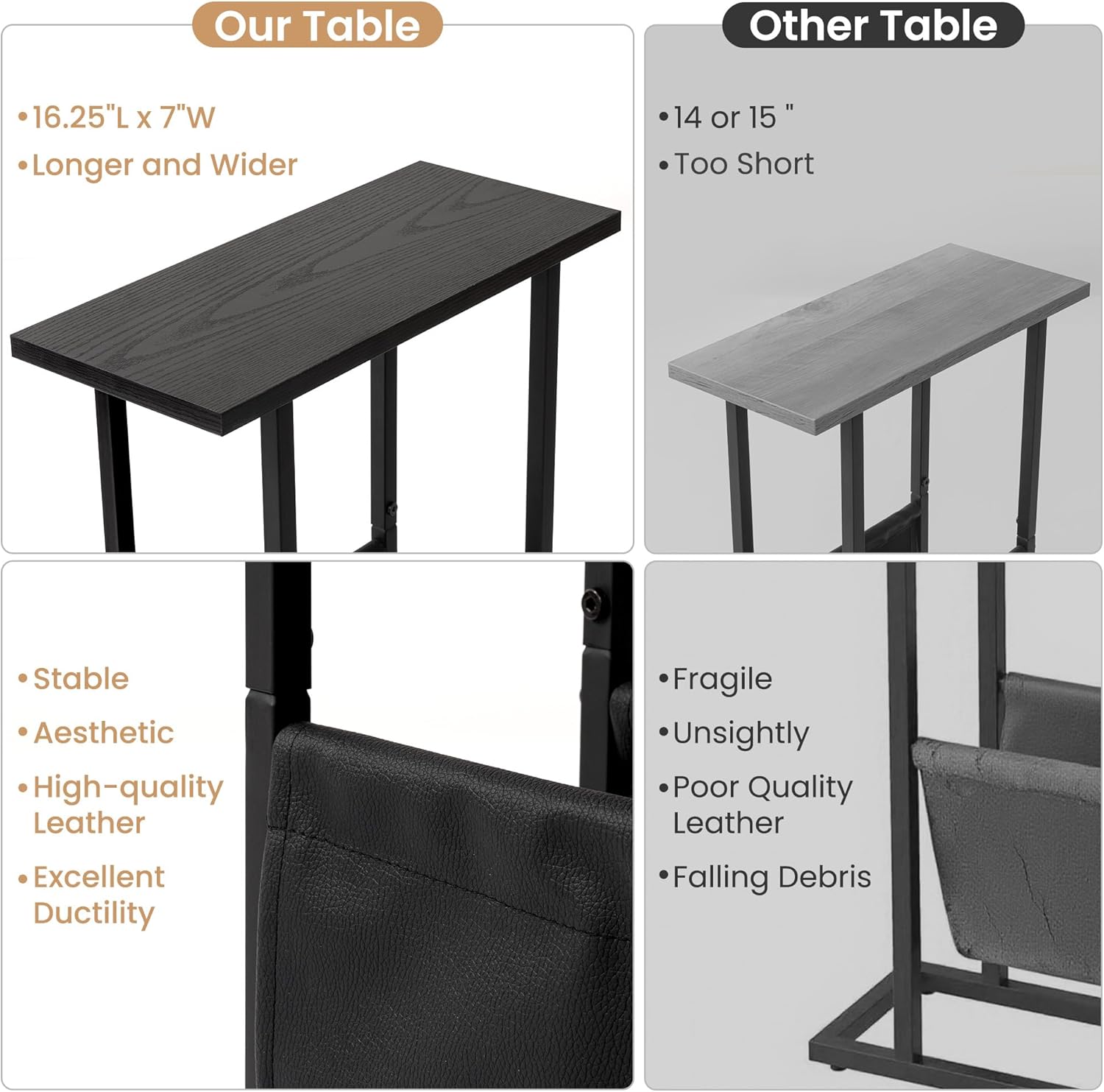 Acovy Narrow Side Table for Small Place,Metal Table with PU Leather Bag,Slim Nightstand for Reading Or Storage,Sofa Side Table for Living Room,Bedroom,Black