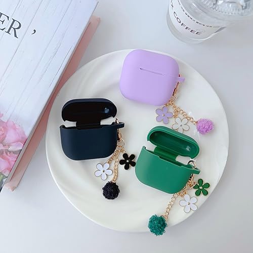 Miniatura 5 de Linda funda negra para Airpods de 3 generación para niñas y mujeres, con llavero de flores y kit de limpieza, funda protectora de silicona suave