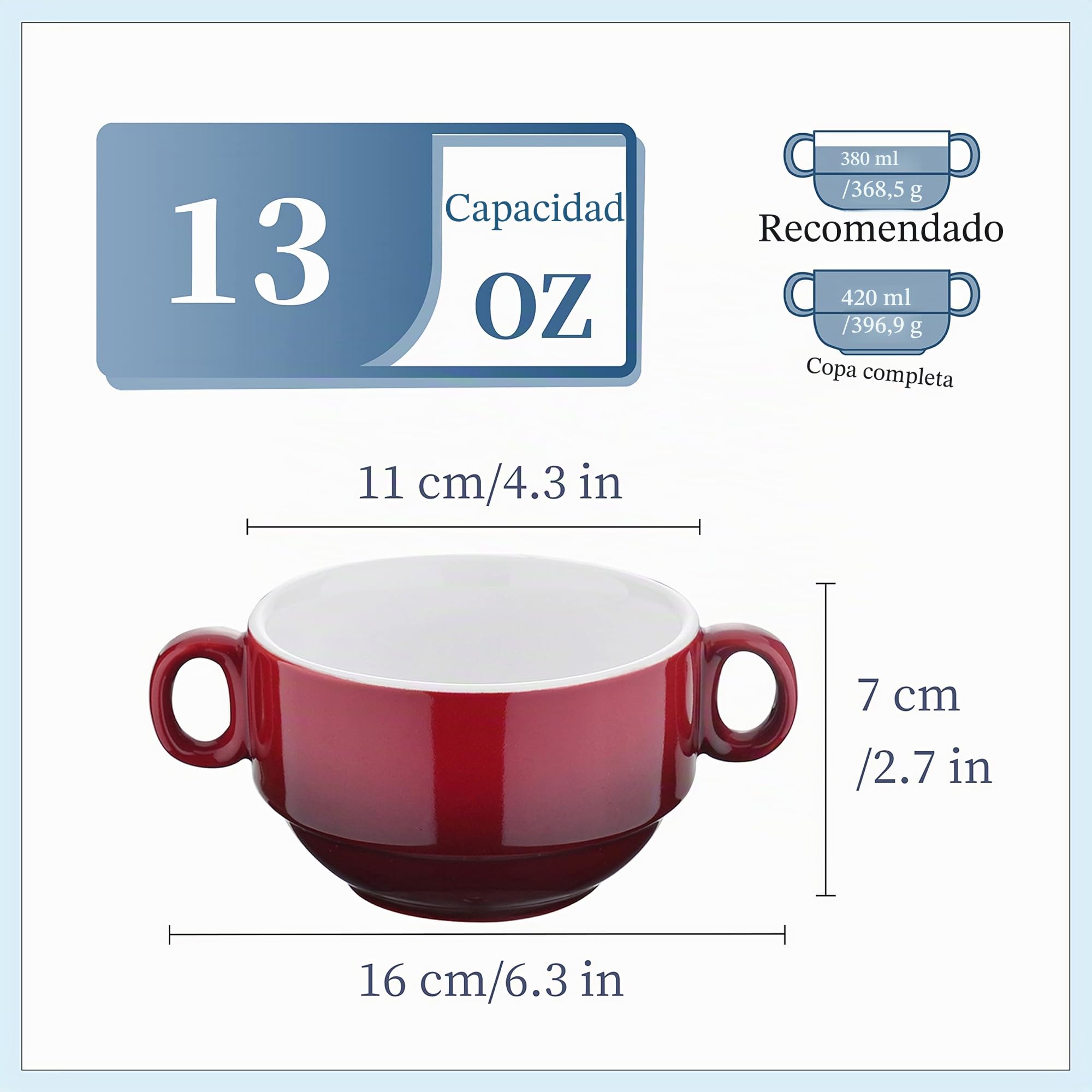 Lovecasa, taza de caldo con asas, 400 ml, cuencos para sopa de cerámica de 6 piezas, apto para lavavajillas y horno, multicolor