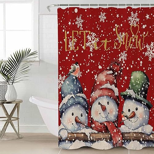 LBHAUSE Cortina de ducha de Navidad con diseño de muñeco de nieve rojo para baño, cortina de ducha de tela impermeable con copos de nieve en