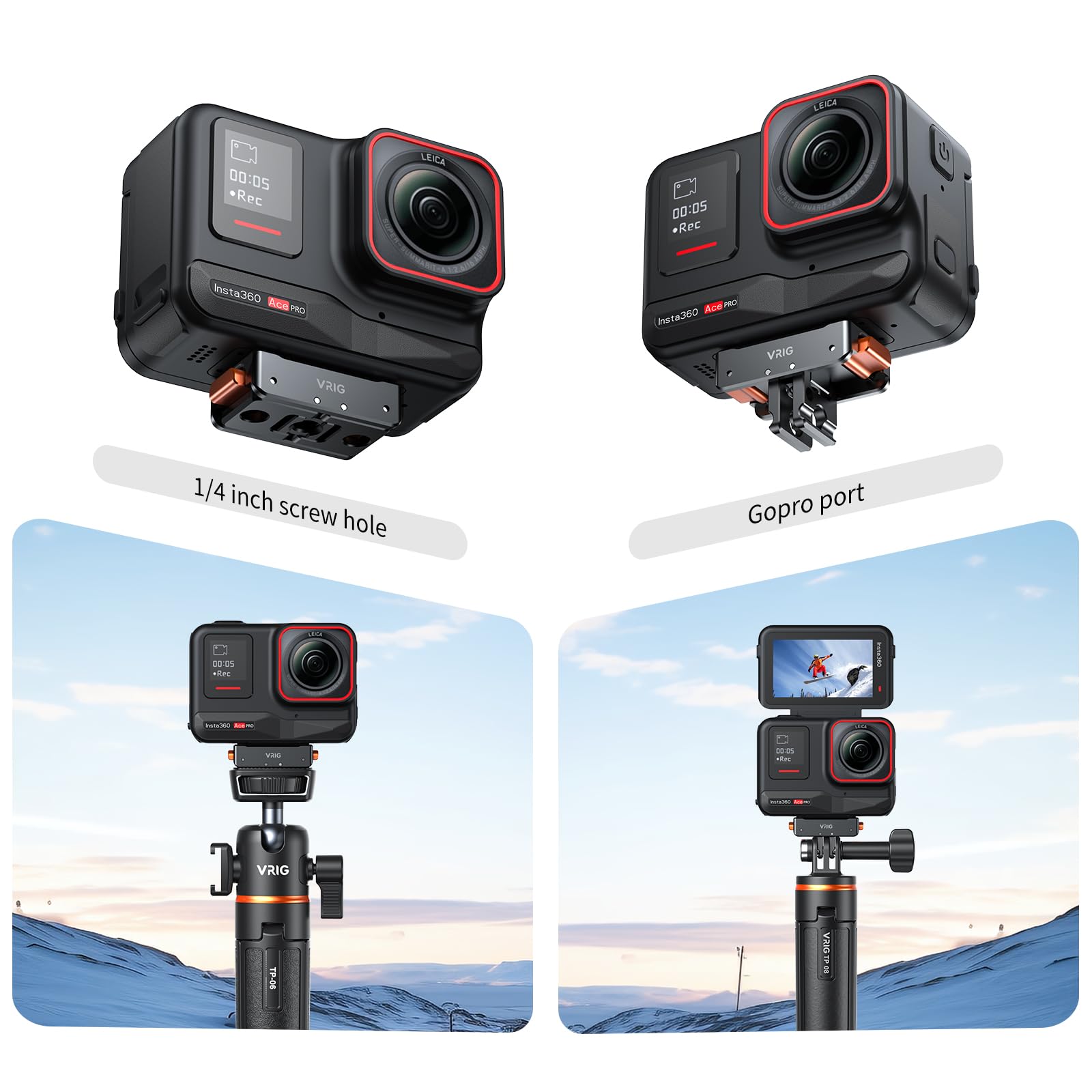 VRIG AC-10 - Base magnetica per Insta 360 Ace/Ace Pro 2/X5, adattatore magnetico a sgancio rapido, supporto per treppiede in metallo, con filo da 1/4" e supporto pieghevole
