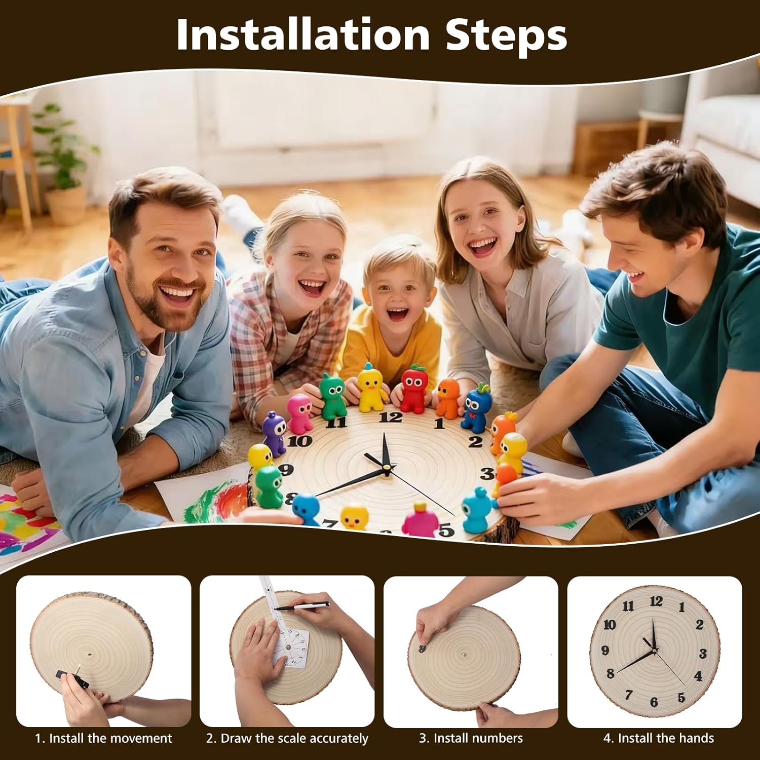 DIY Wooden Wall Clock Kit, Unfinished Round Wood Clock Making Set with Silent Sweep Movement, Original Wood Grain Craft Project for Home Wall Decor, Unique Gift for Living Room Bedroom