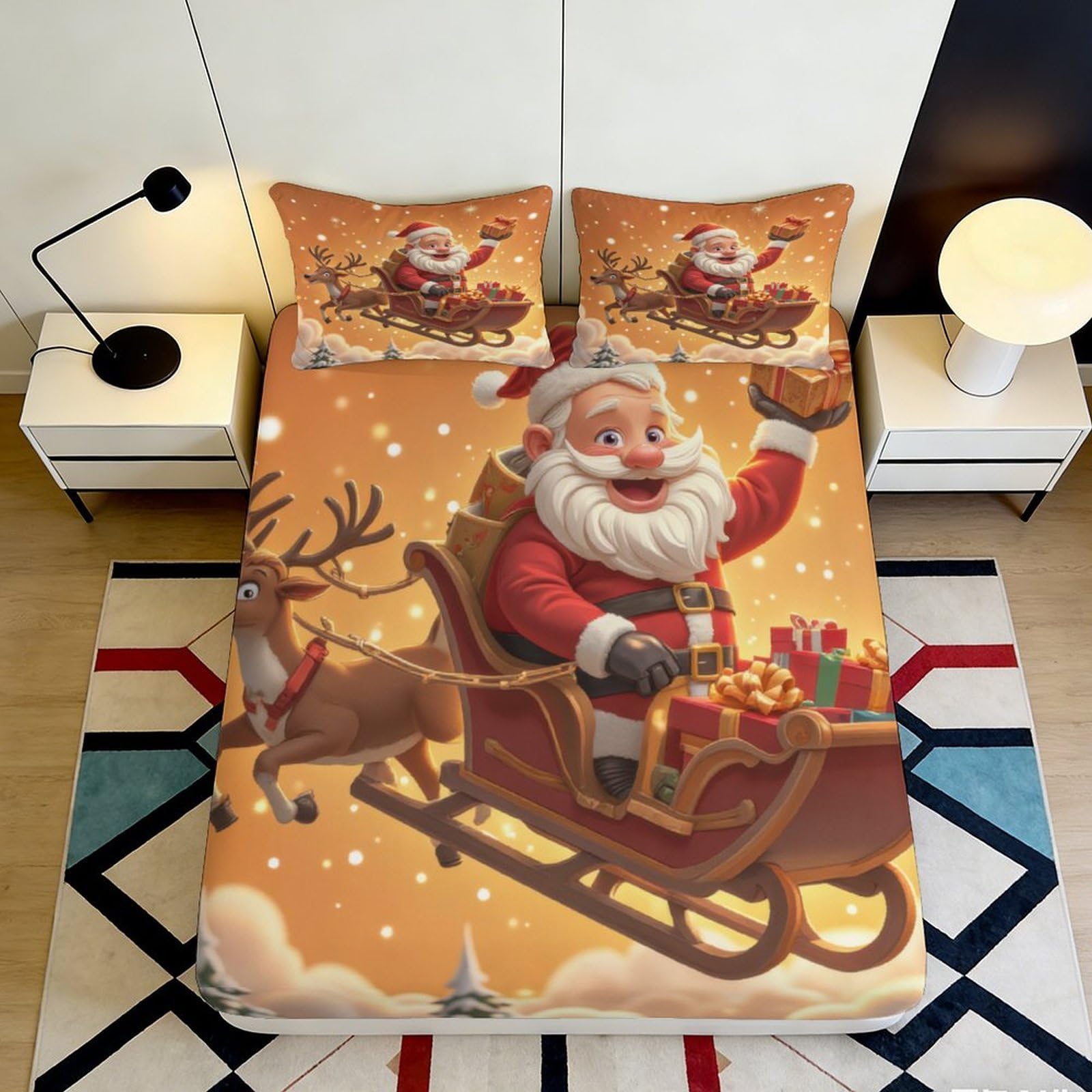 Pnayamiorkfel Style-2 3D Printed Christmas Santa Sleigh Fitted Sheet Microfiber Soft Non-Slip Reindeer Bed Cover For Bedroom Guest Room 90X200x25cm