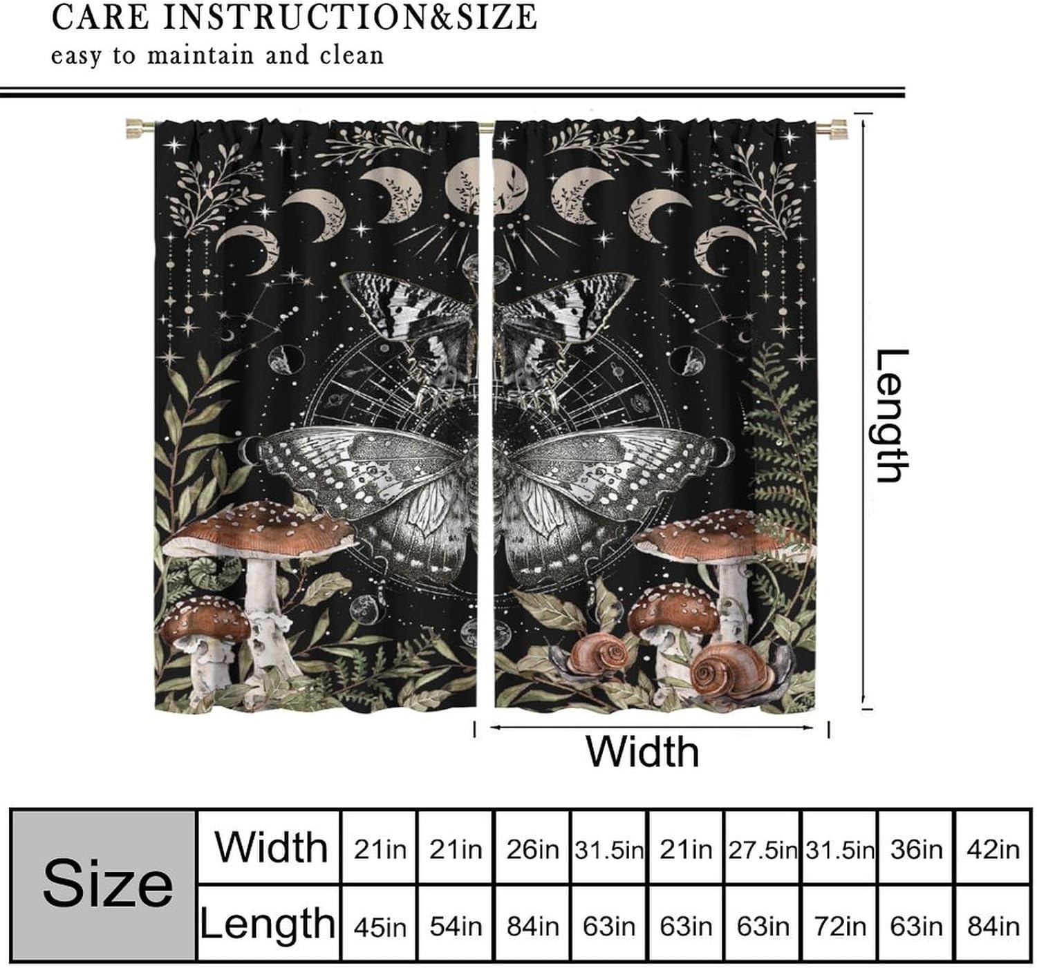 Moon Phase Moth Butterfly Blackout Curtains,Boho Gothic Country Sun Moon Mushroom Starry Night Flower Butterfly Moth Windows Treatments Rod Pocket Drapes For Girls Living Room Bedroom Kitchen 42x45in