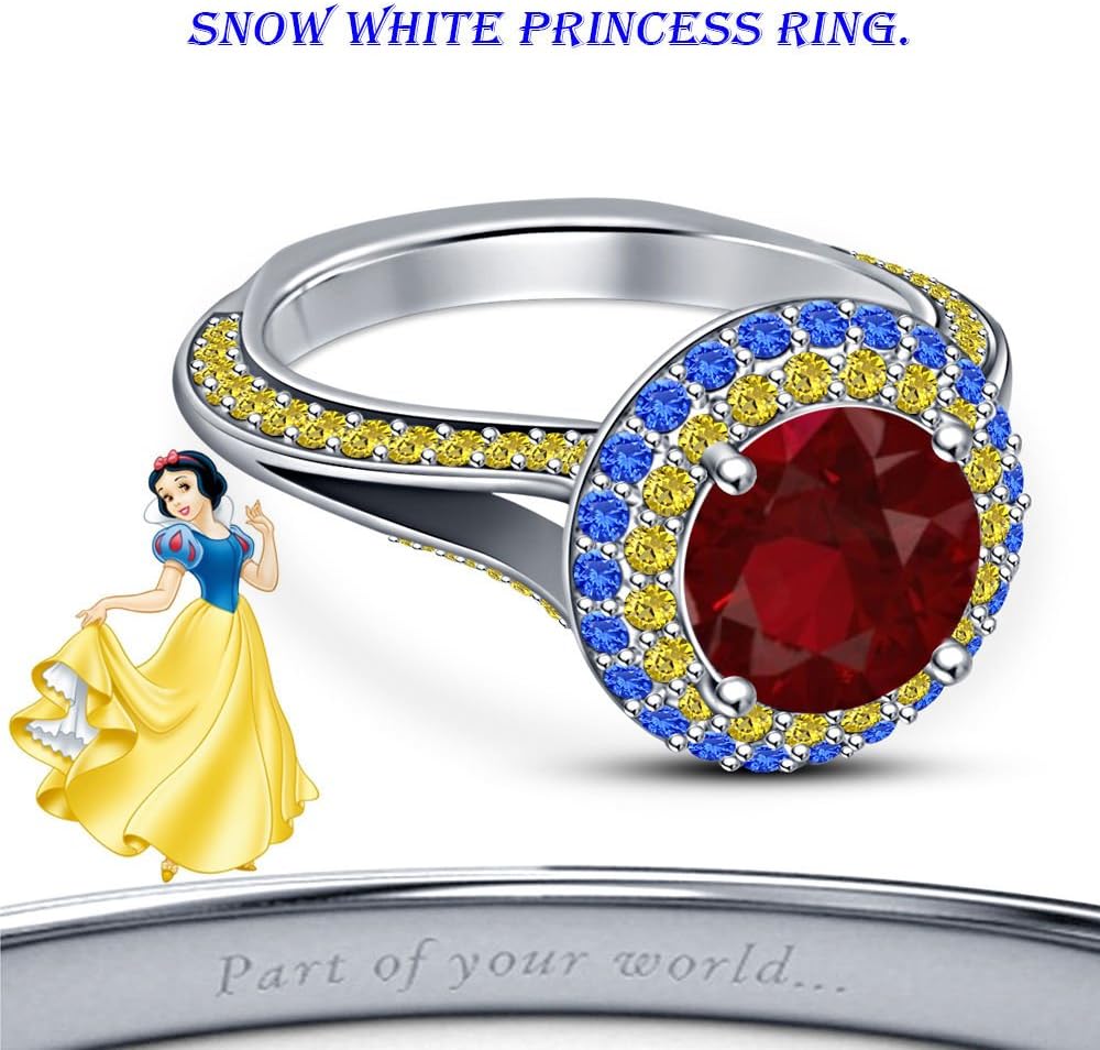 Disney Snow White Princess .925 Sterling Silver Plating Multi-Stone Halo Engagement Ring