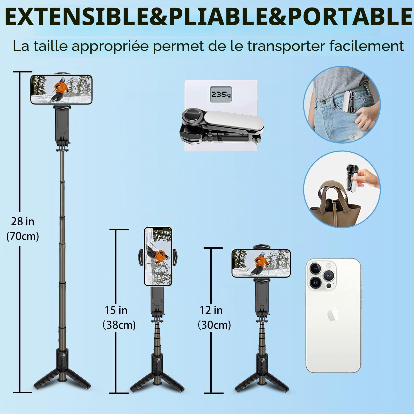 KOSCHEAL Stabilisateur de téléphone portable, bâton à selfie stabilisateur avec lumière de remplissage, rotation 360° et télécommande sans fil pour Android et iPhone, idéal pour Vlogging, Youtube et