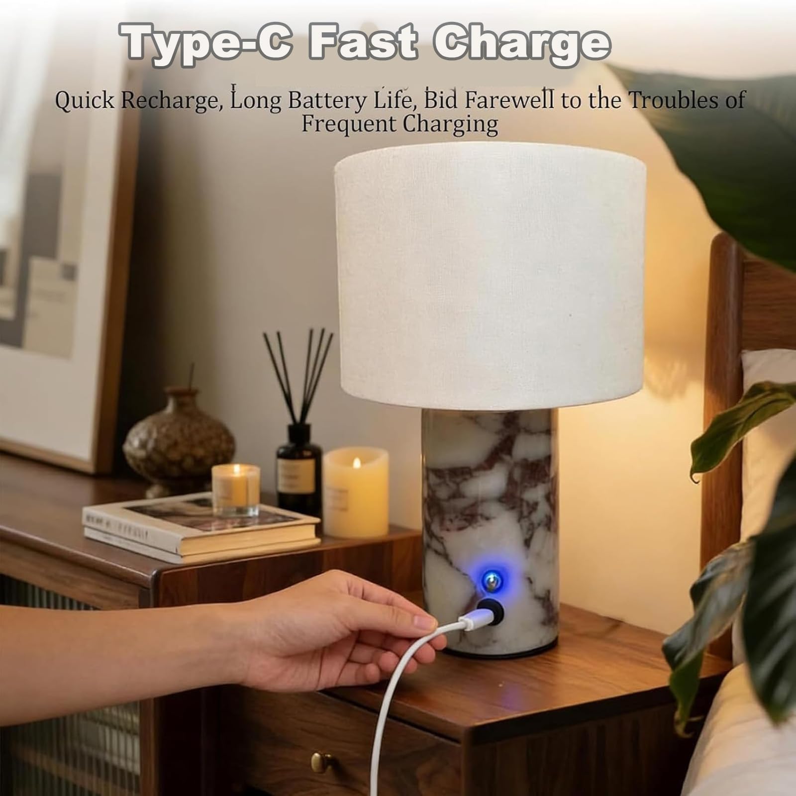 Lámpara De Mesa Recargable Táctil De Lujo Con Base De Mármol Y Pantalla De Lino, Luz Nocturna Decorativa De 25 Cm (10 Pulgadas) Para Sala De Estar, Dormitorio Y Recibidor. Null Rechargeable