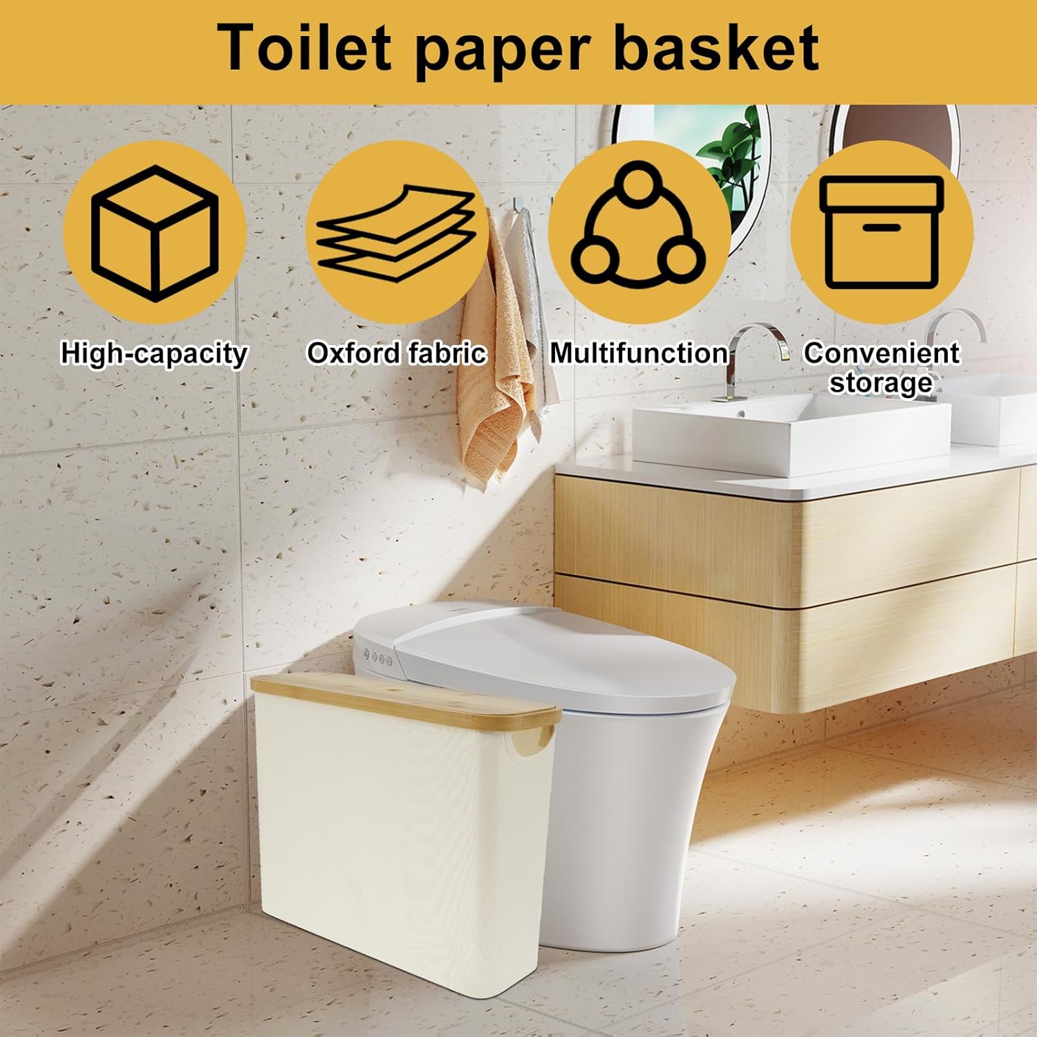 Large Capacity Toilet Paper Basket With Wooden Lid - Foldable Storage Organizer Cabinet for Bathroom Accessories (Style1-Beige)