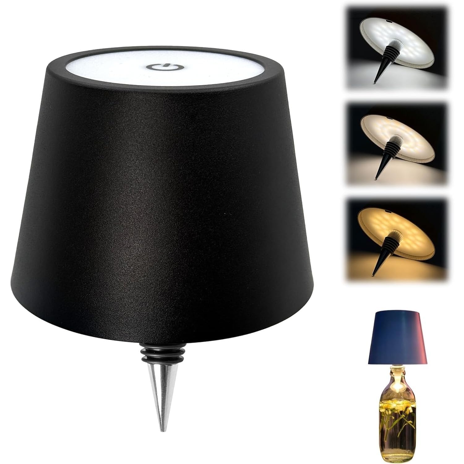 PANDORABOX Wireless Bottle Lamp Table Lamp LED 3 Color Light Battery Desk Dimming Night Light Outdoor Portable for Camping Restaurant Farm House | 15 cm | Black-image-40