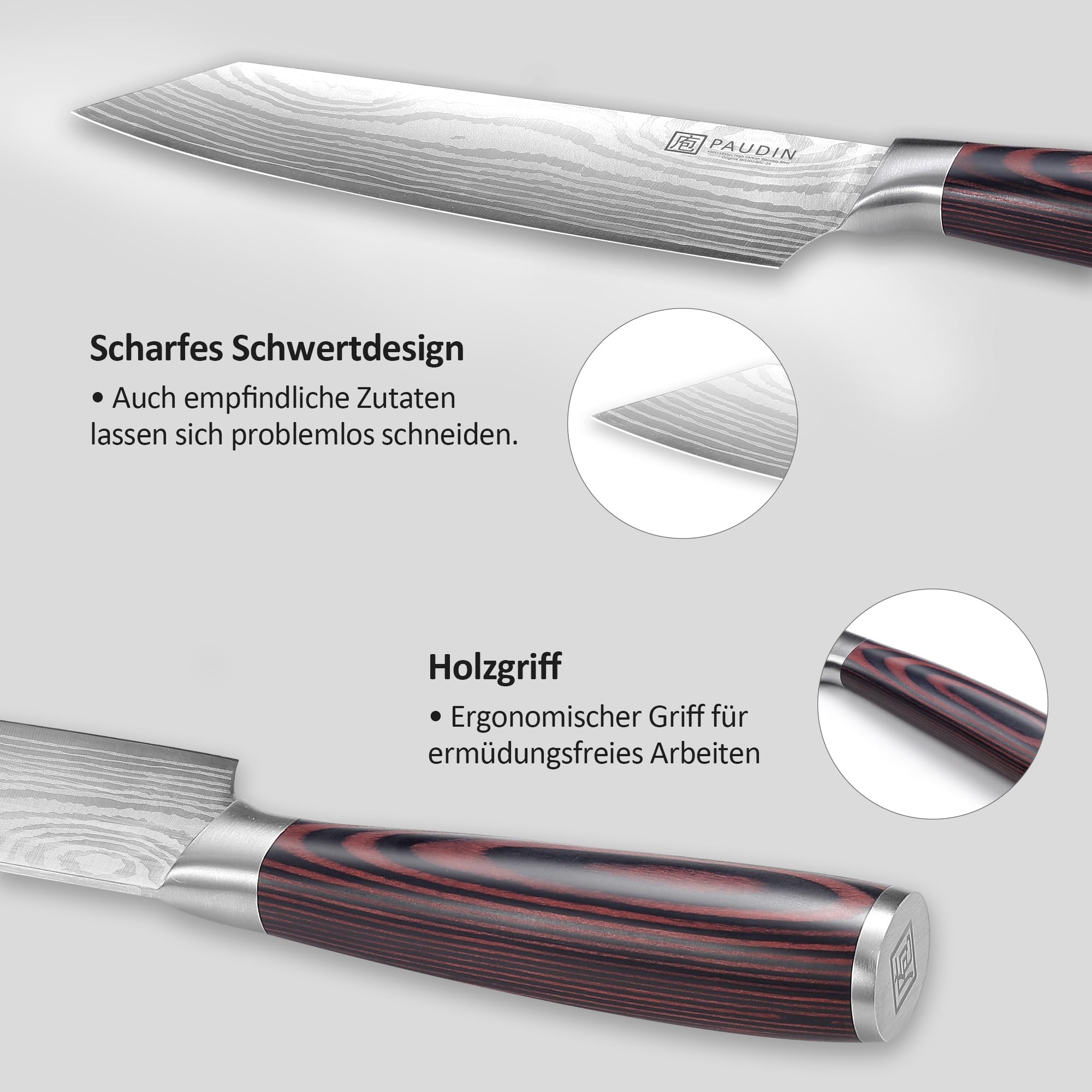 PAUDIN Coltello Santoku da 20 cm, coltello da chef giapponese Kiritsuke, coltello da cucina affilato in acciaio inossidabile ad alto tenore di carbonio, impugnatura ergonomica, perfetto per carne