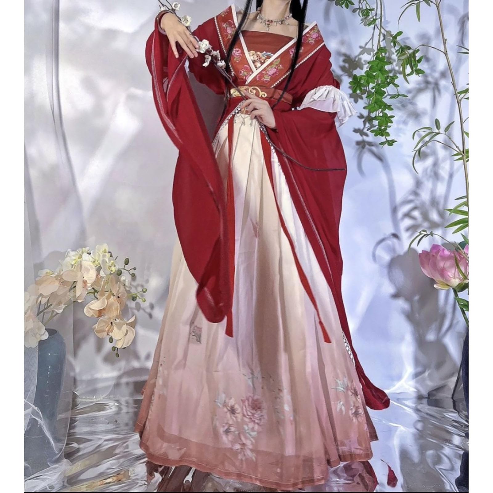 Czerwona Sukienka Hanfu W Stylu Retro W Stylu Chińskim (XS-XL), Długa Spódnica Damska Z Tradycyjnym Nadrukiem, Komplet 5-częściowy, Komfort I Przewiewność, Idealna Na Występy Sceniczne