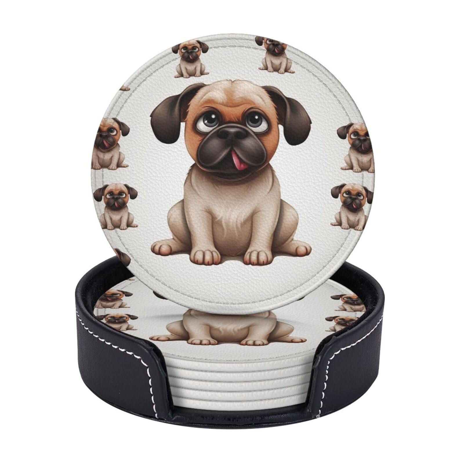 6PCS Drink Coasters with Holder, 4" Leather Coasters for Drinks, Cartoon Pug Cup Coasters for Coffee Table Decor, Non-Slip Drinking Cup Mat for Hot or Cold Drink