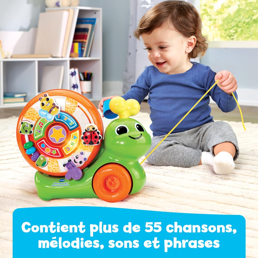VTech - Rouli-Escargot Maxi Découvertes, Jouet à Tirer 2 en 1, Trieur de Formes, Jeux d'Éveil, Escargot à Promener, Jouet Musical et Interactif, Cadeau Enfant Dès 1 an - Contenu en Français