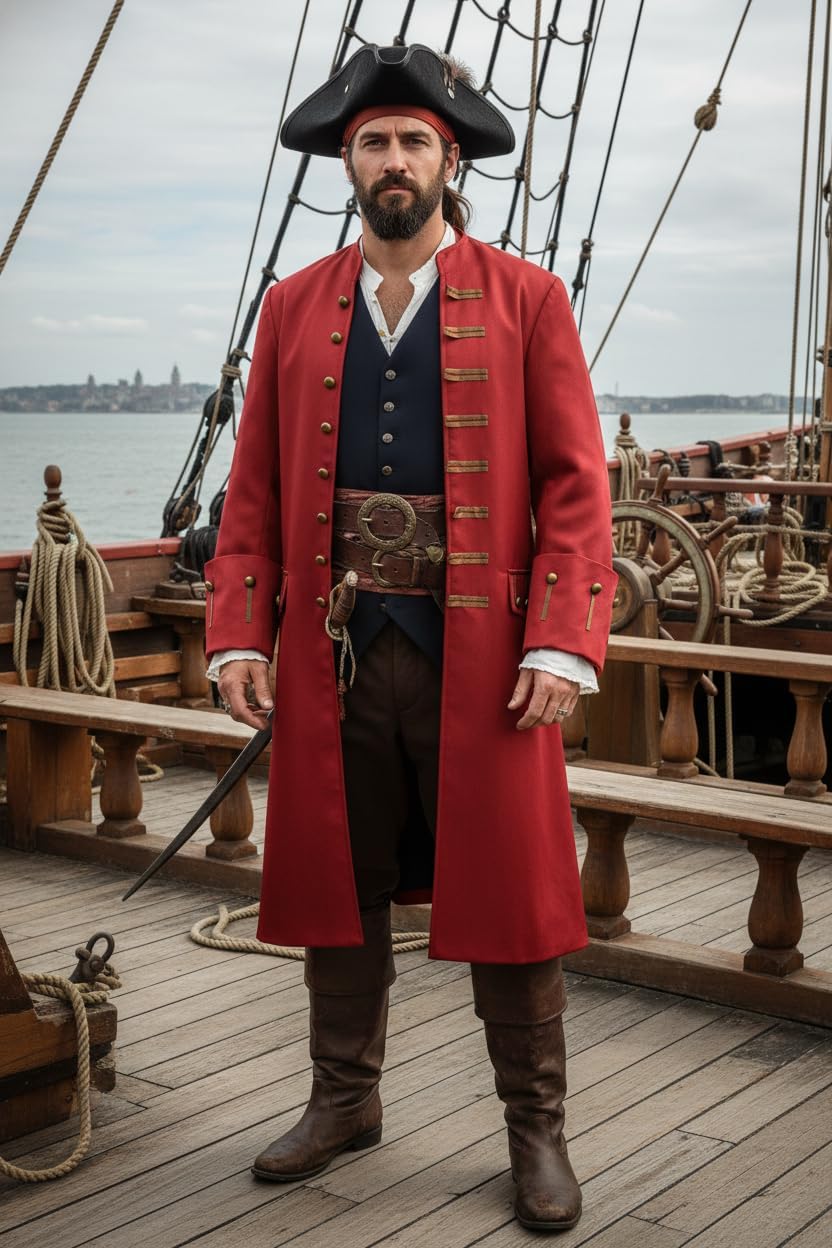 Men Pirate Captain Costume for Adult Medieval Jacket Victorian 18th Steampunk Coat Halloween Cosplay