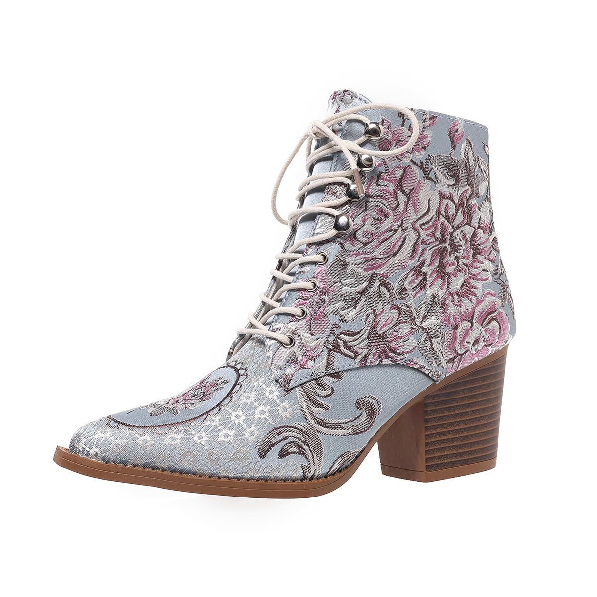 Womens Ankle Boots Vintage Floral Embroidered Block Heel Cowboy Boots Pointed Toe Lace up Ankle Booties Anti Slip
