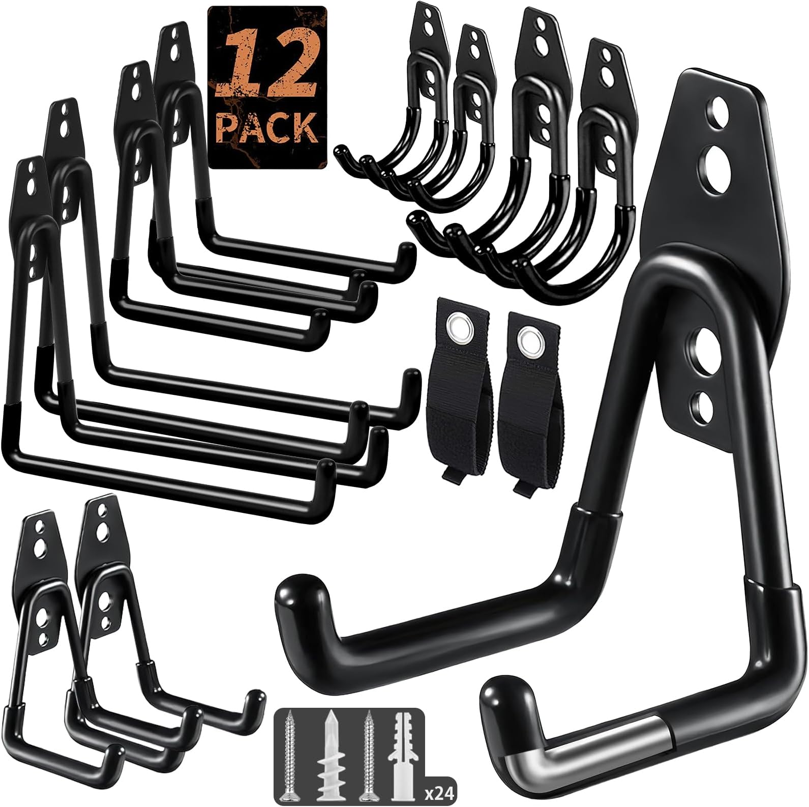 12 Pack Garage Hooks Heavy Duty, Wall-Mount Storage Hooks with Non-Slip Coating, Includes Screws & Anchors + 2 Extension Cord Straps, Shed Hooks for Hanging Bikes, Ladders, Garden Tools, Hoses, Ropes