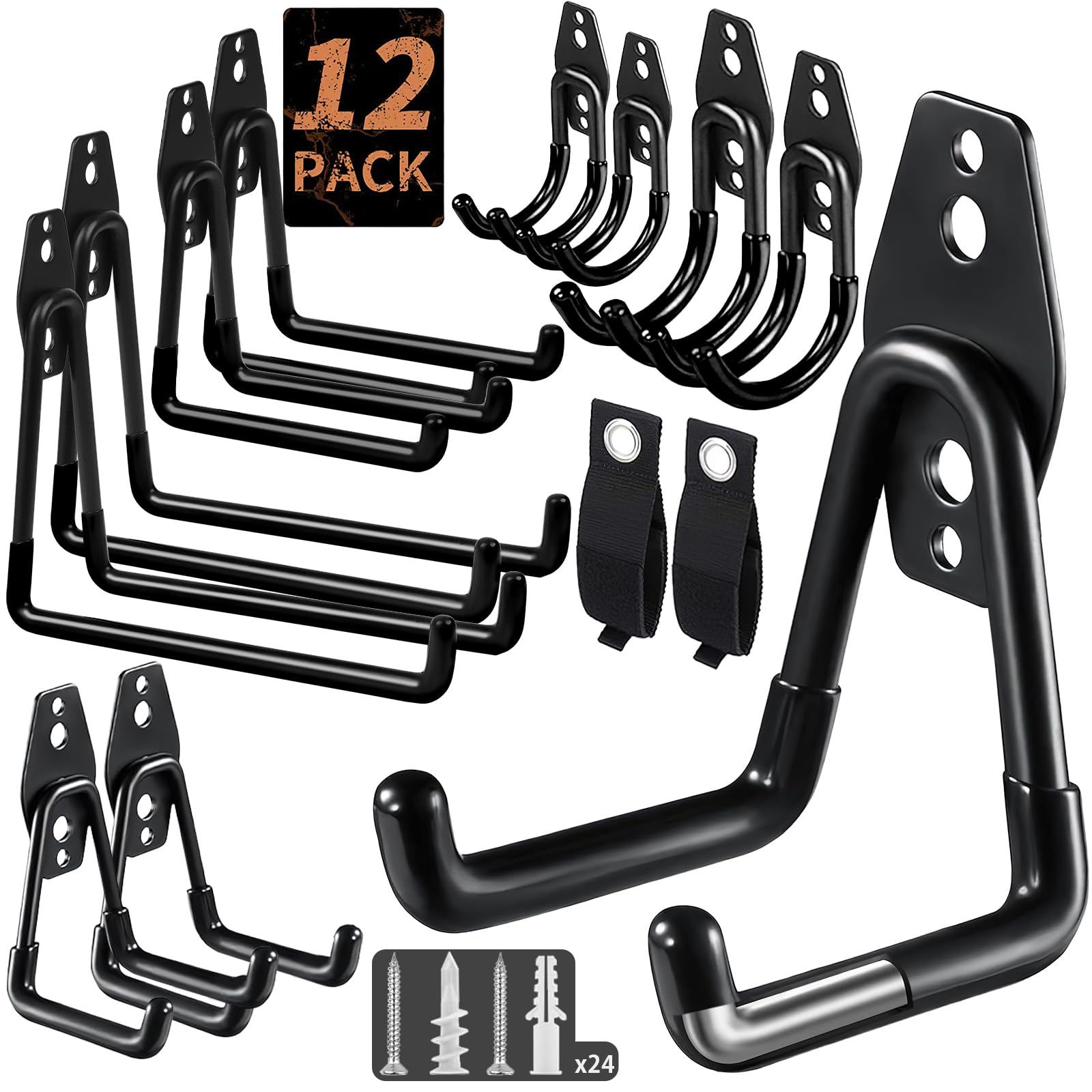 12 Pack Garage Hooks Heavy Duty, Wall-Mount Storage Hooks with Non-Slip Coating, Includes Screws & Anchors + 2 Extension Cord Straps, Shed Hooks for Hanging Bikes, Ladders, Garden Tools, Hoses, Ropes