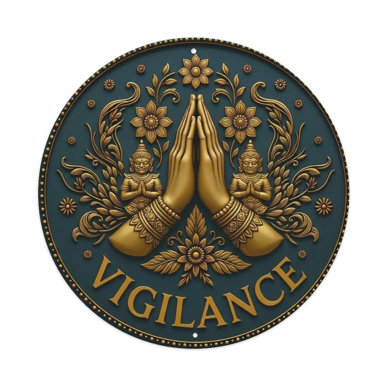 Vintage Namaste Praying Hands Vigilance Flower Zen Yoga Metal Tin Sign