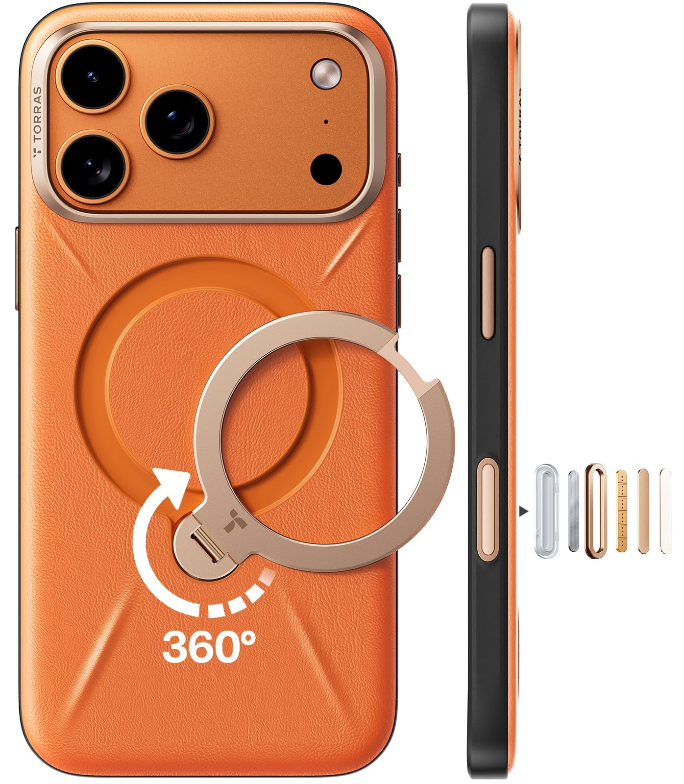 TORRAS Ostand Q3 VegSkin Funda para iPhone 17 Pro MAX [clásica Piel de Ternero][(Soporte magnético Invisible 360°] Resistente a los Golpes& arañazos, Funda para iPhone 17 Pro MAX, Naranja