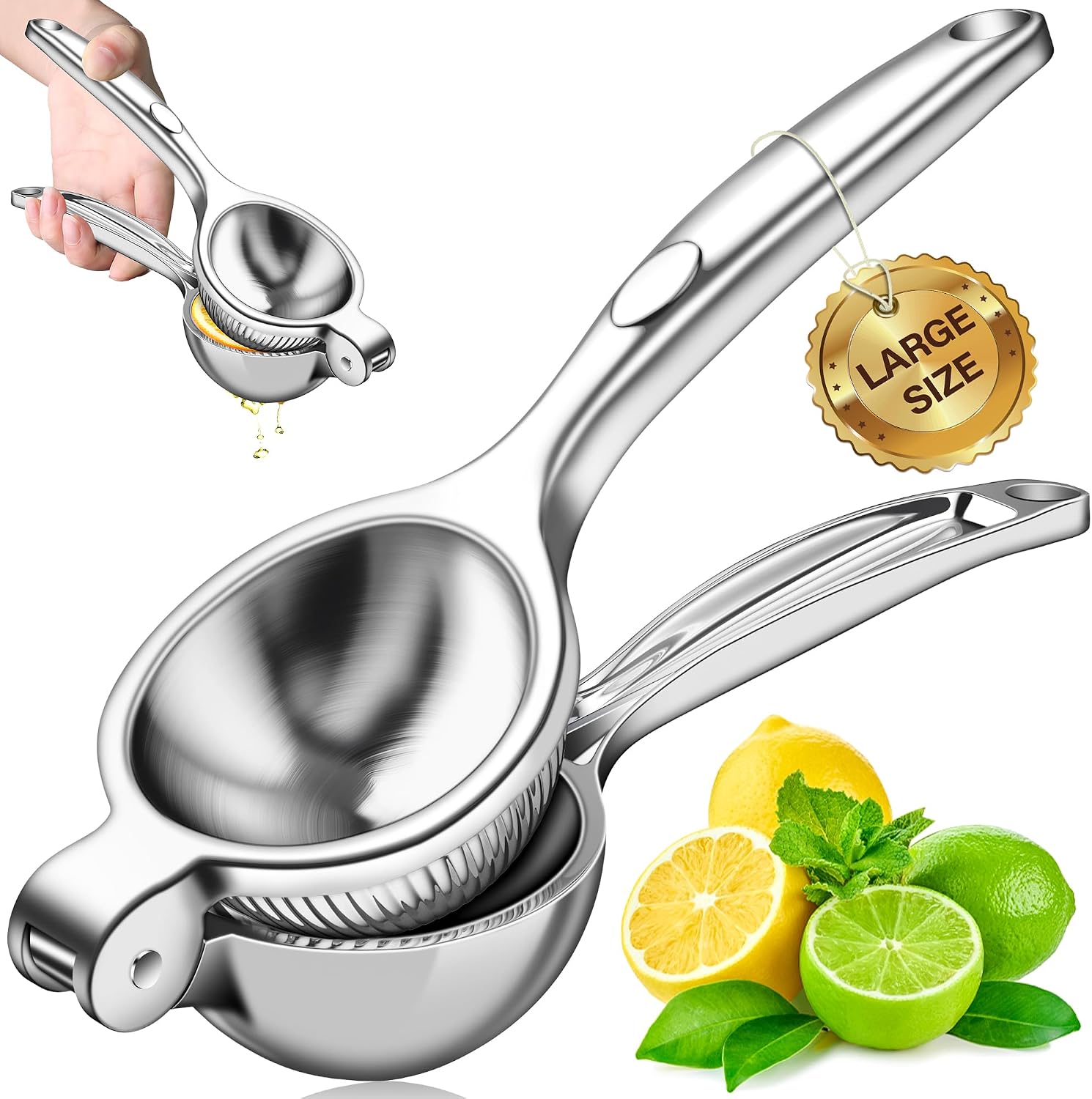 Vakoo Metal Lemon Squeezer, Built-In Seed Strainer, Large, Silver
