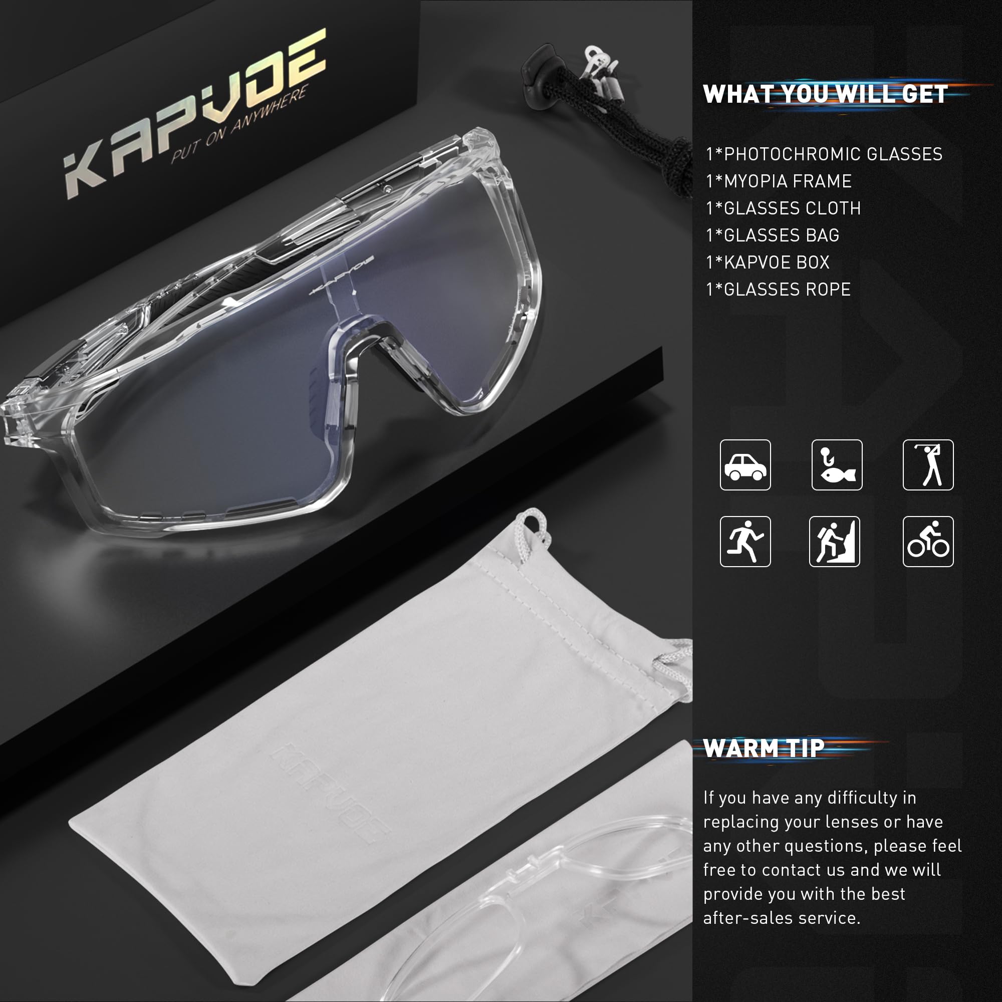 KAPVOE Fotochromowe okulary rowerowe Sportowe okulary przeciwsłoneczne dla mężczyzn i kobiet Gogle rowerowe górskie
