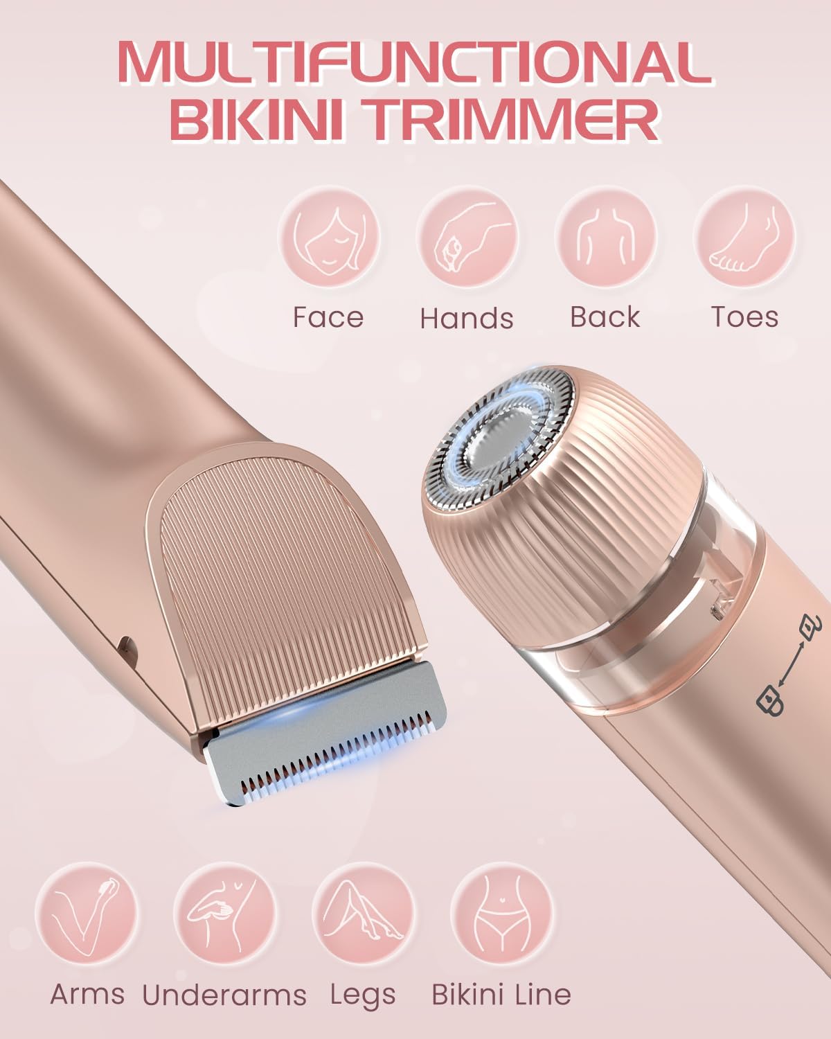 Bikini Trimmer for Women, Painless Dual Head Shaver for Sensitive Skin, IPX7 Waterproof for Safe Shower, USB-C, Detachable Head, Portable 2 in 1 Electric Razors for Pubic Hair, Rose Gold - Image 2