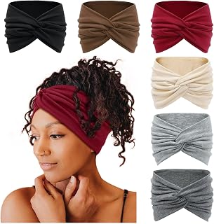 Tobeffect 7" Extra Wide Turban Headbands for Women - Non-Slip Boho Thick Hair Wraps, Workout Yoga Bands, 6 Pack
