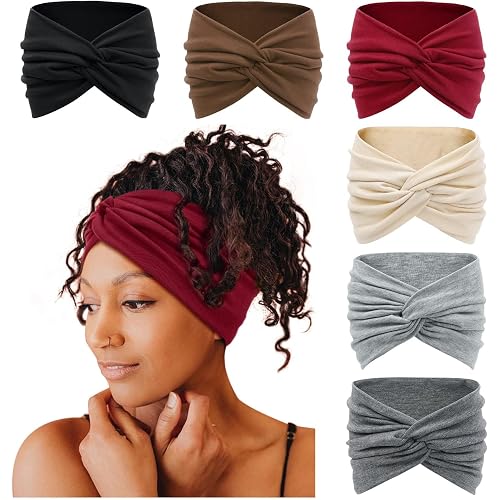 Tobeffect 7'' Extra Wide Headbands for Women, Large Thick Turban Head Wrap Headband, Boho Bandana Head Bands for Women's Hair, Non Slip Workout Yoga Hairband Hair Accessories, 6 Pack
