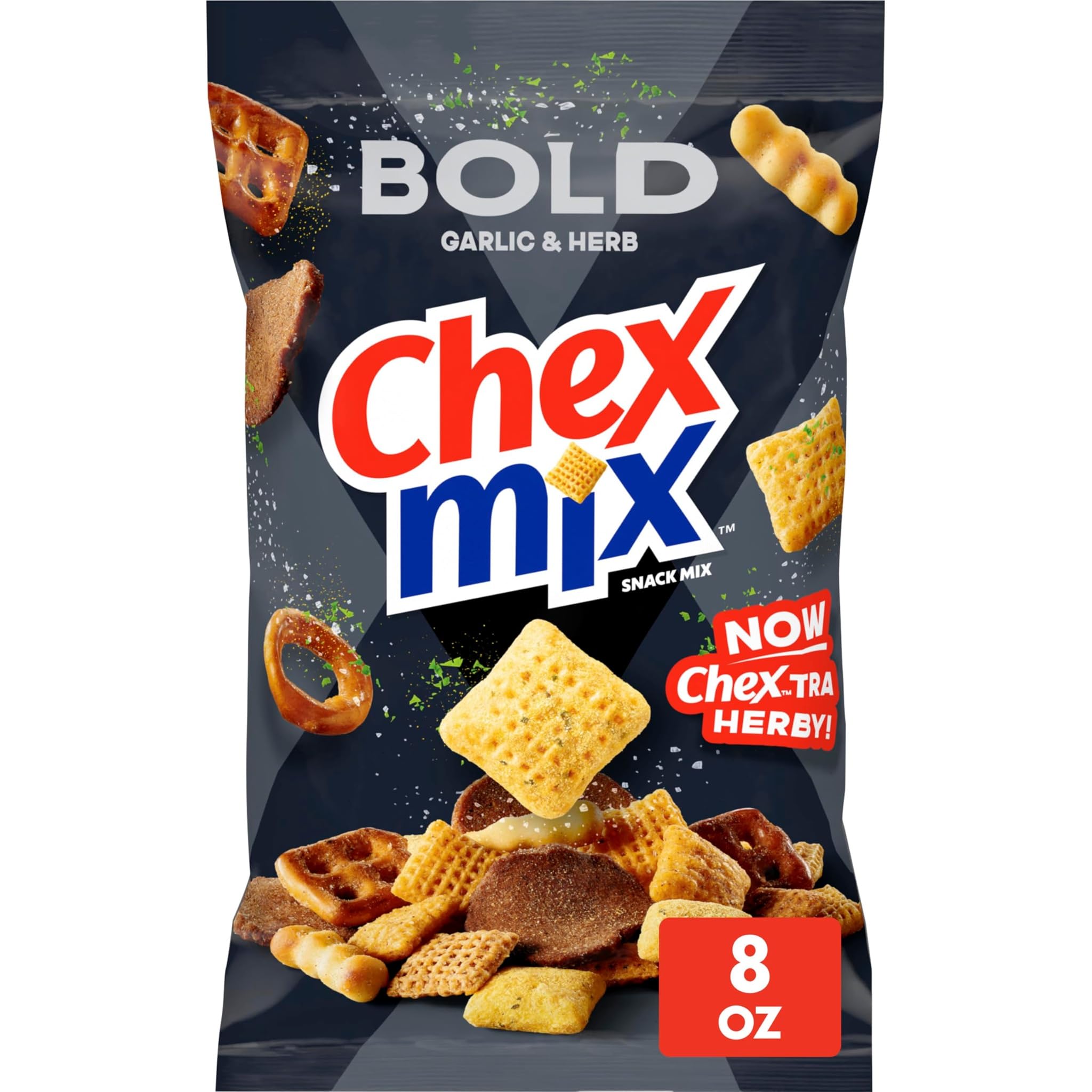 Chex Mix Bold Garlic & Herb Snack Mix Family Size 13.5 oz | Corn & Wheat Chex Rye Chips Mini Breadsticks 2 Kinds of Pretzels 50% Less Fat than Regular Potato Chips product thumbnail 2